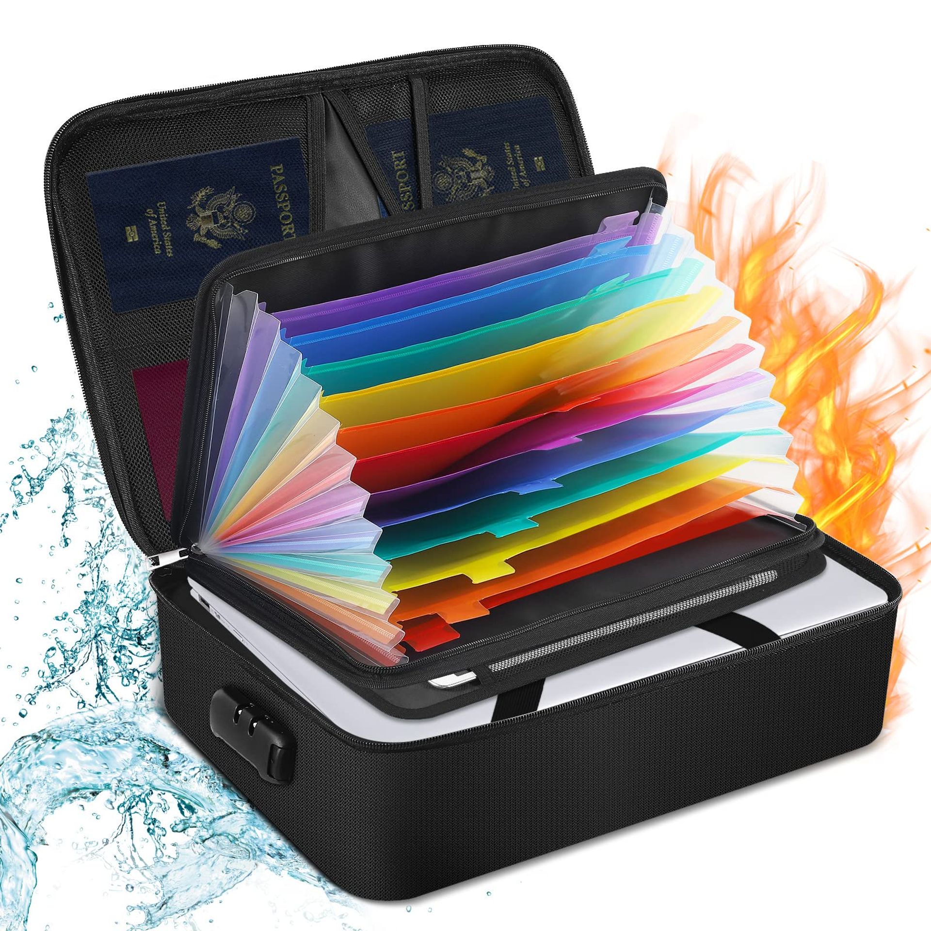 Fireproof Document Storage Box with 13 Pocket Accordion File Folder, Lock and Handle - Colourful Bag