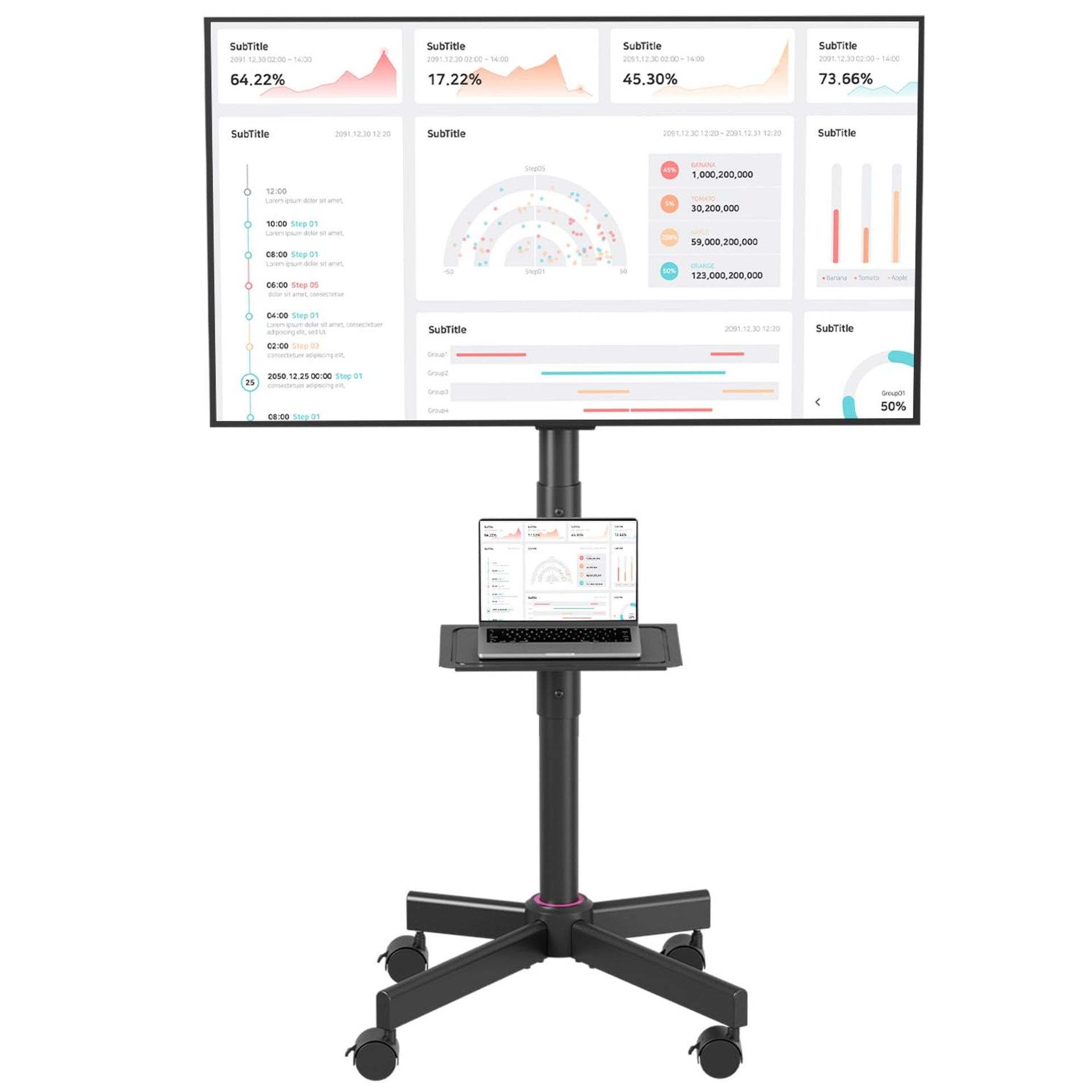 Mobile TV Stand with Wheels for 23-60 inch Screens Height Adjustable with Shelf VESA 400x400mm - Black 60 inch MAX