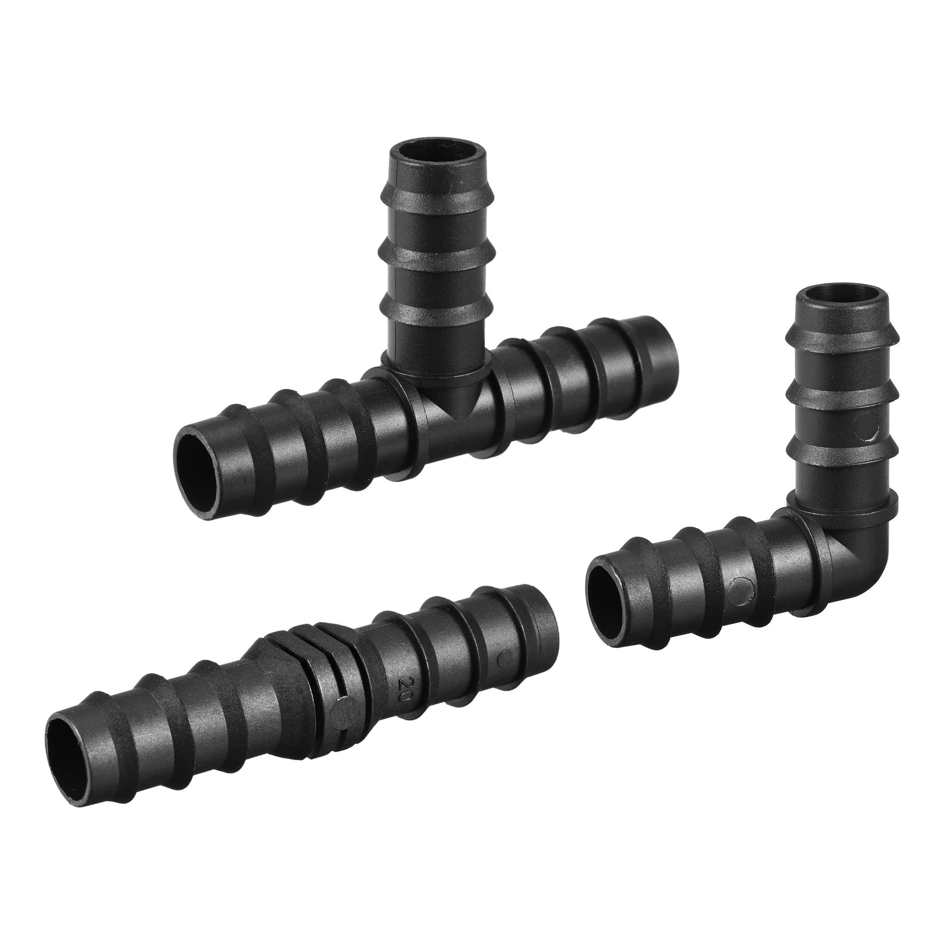 Irrigation Fittings Kit for 3/4 Inch Drip Tubing - 19.5mm Barbed Connectors (Black, 18 Pieces)