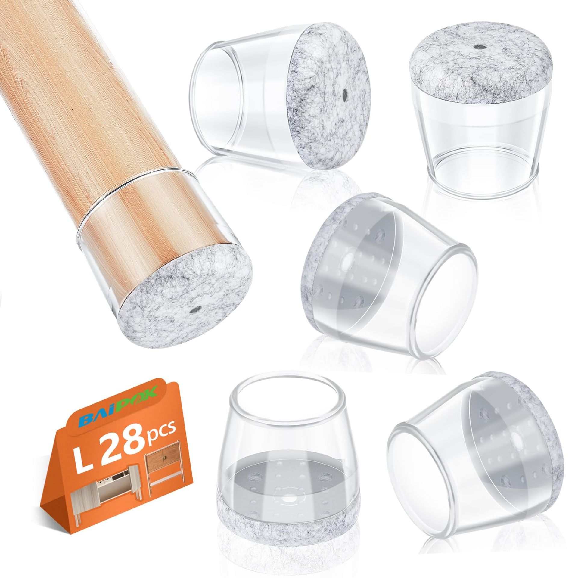 Chair Leg Floor Protectors Silicone Cups with Felt Pads for Hardwood Floors Set of 28 - Transparent L(29-37mm)