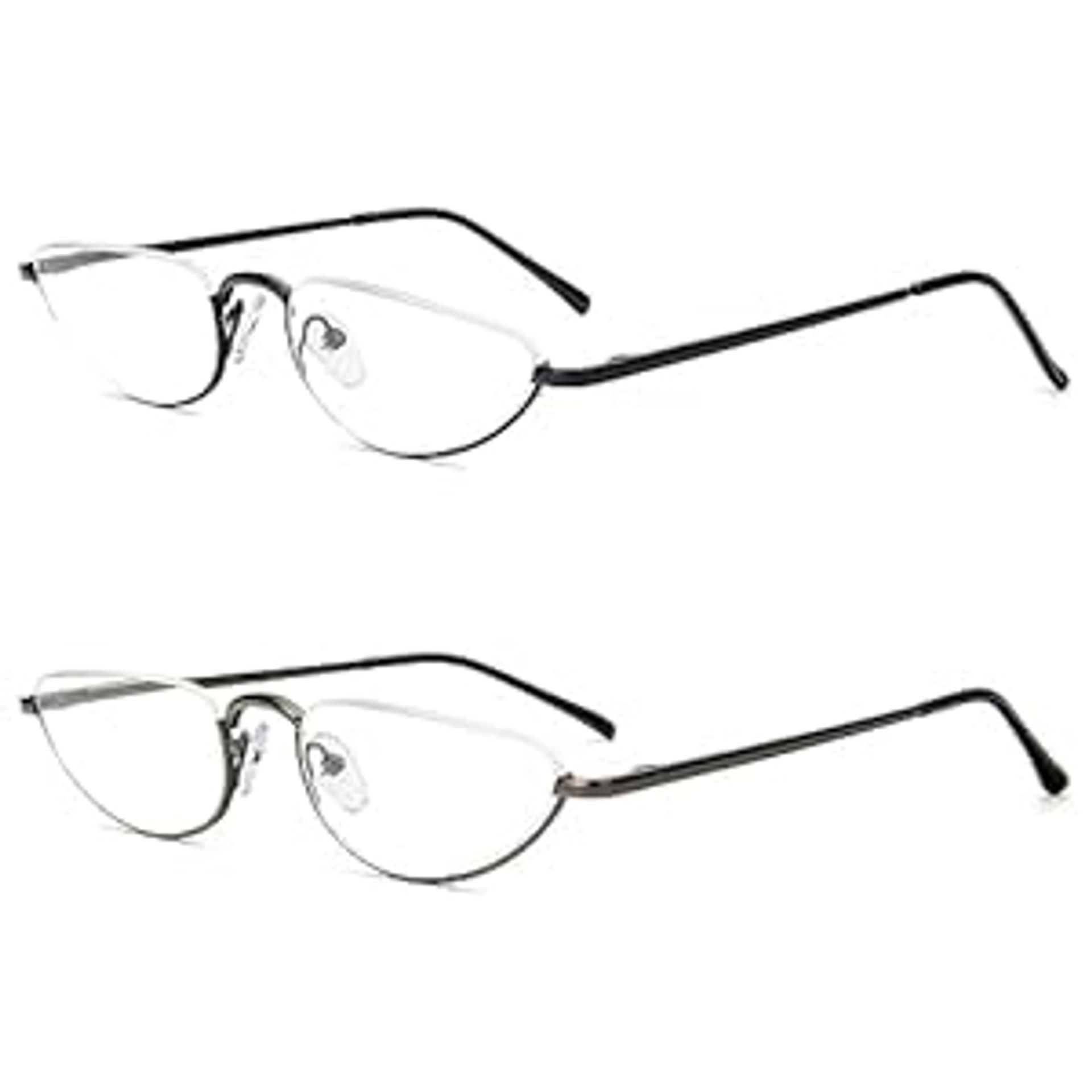 2 Pairs Half Frame Cat Eye Reading Glasses for Men & Women, Lightweight Slim Metal Readers with Spring Hinge - Black & Grey +3.5
