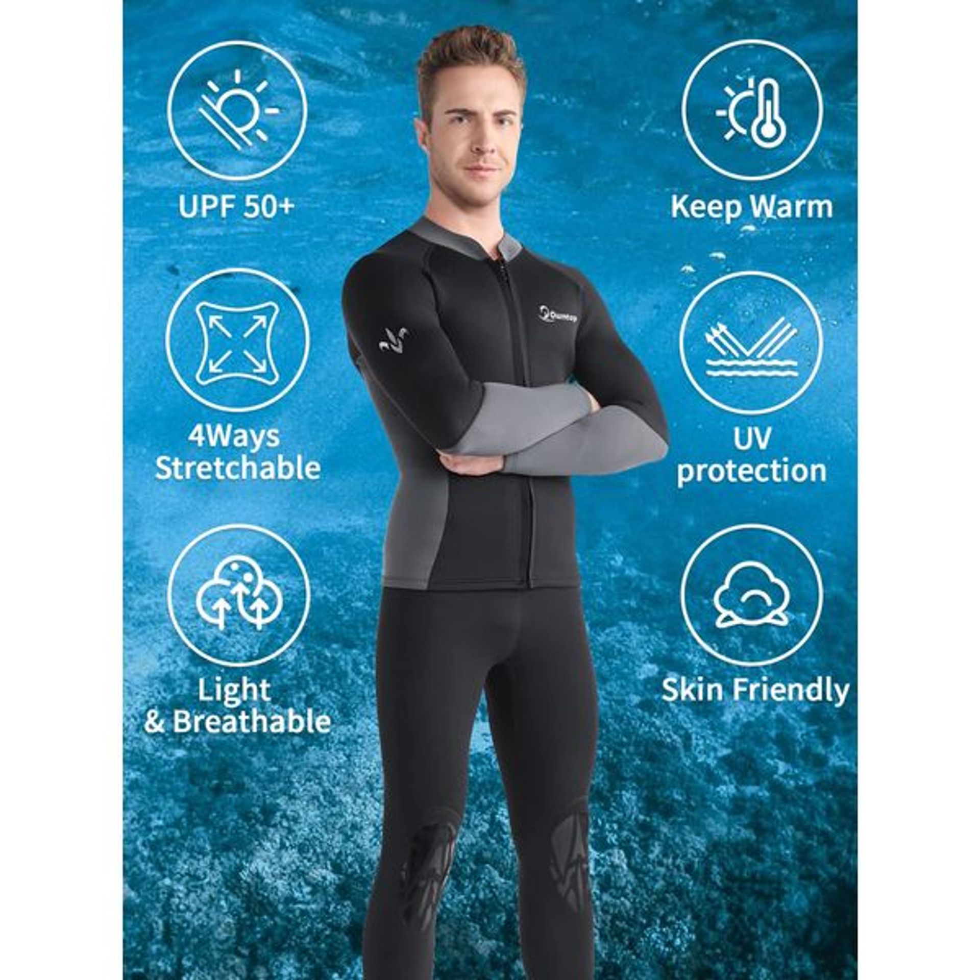 Veste De Plongée Homme Néoprène 2mm Manches Longues Fermeture Avant - Surf Natation Plongée (2XL, Bleu)