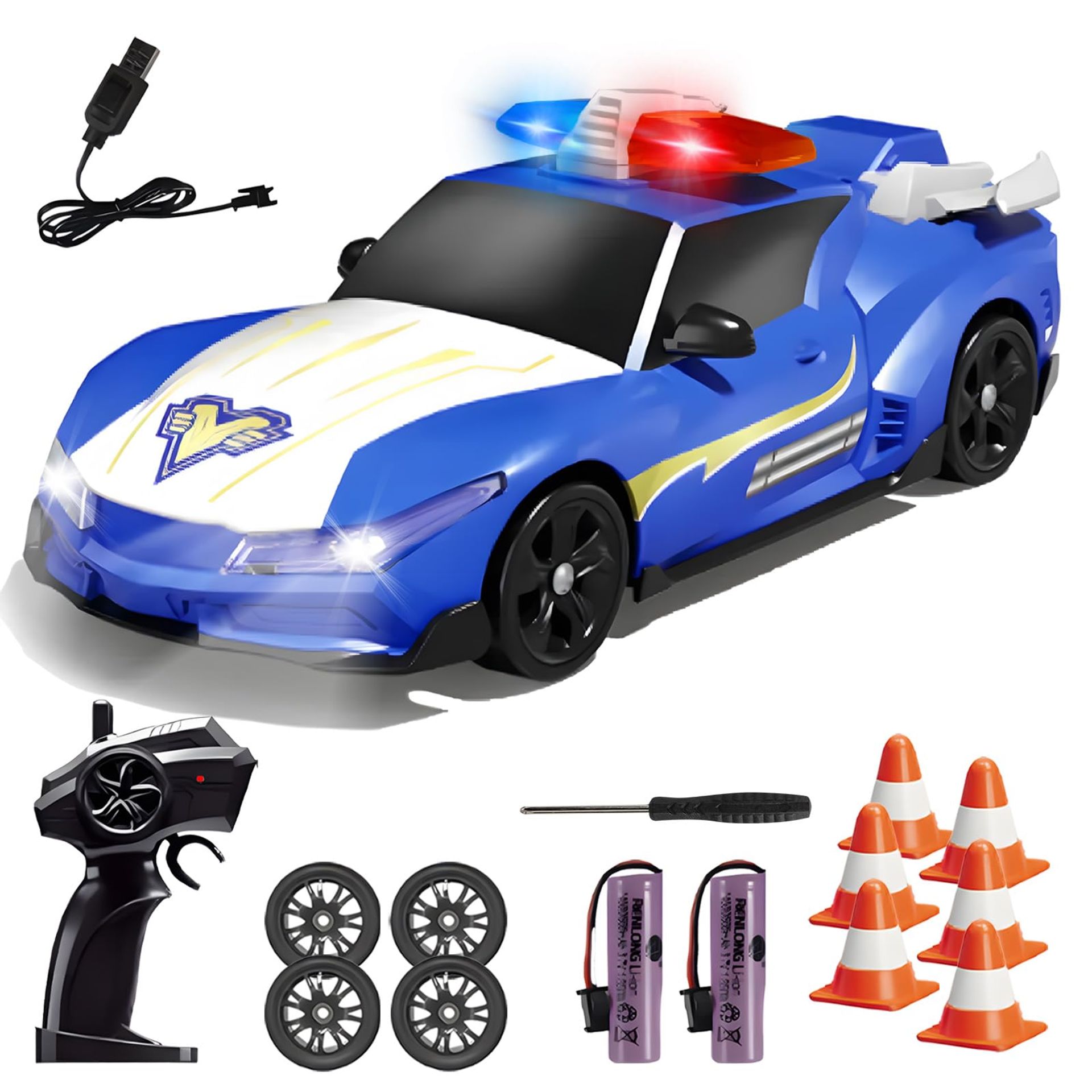 1:24 RC Police Drift Car Toy with Lights, 4WD High-Speed Remote Control Racing Car for Kids Indoor & Outdoor Play - Blue