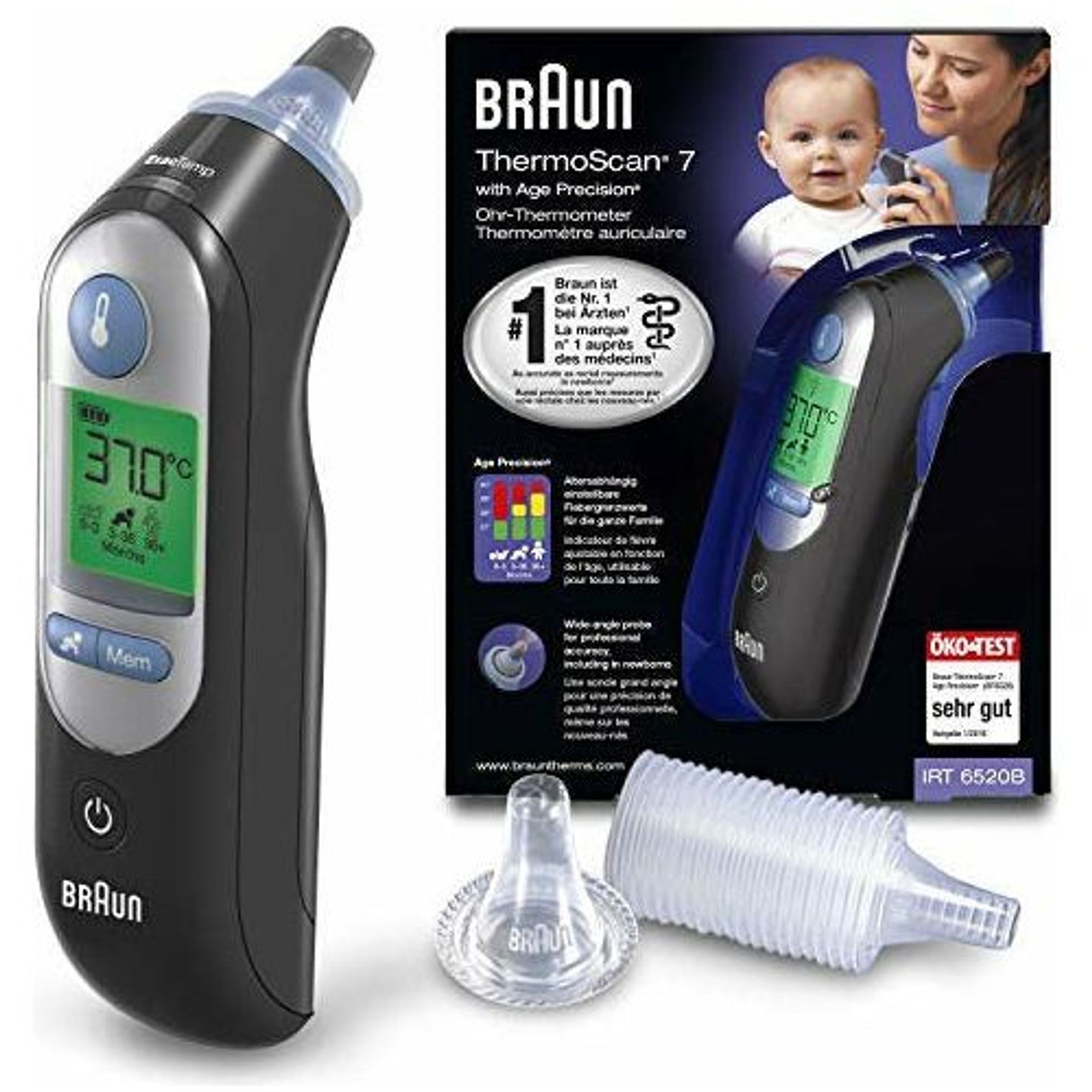 Braun ThermoScan 7 Ear Thermometer with Age Precision and Colour-Coded Display - Black ThermoScan 7
