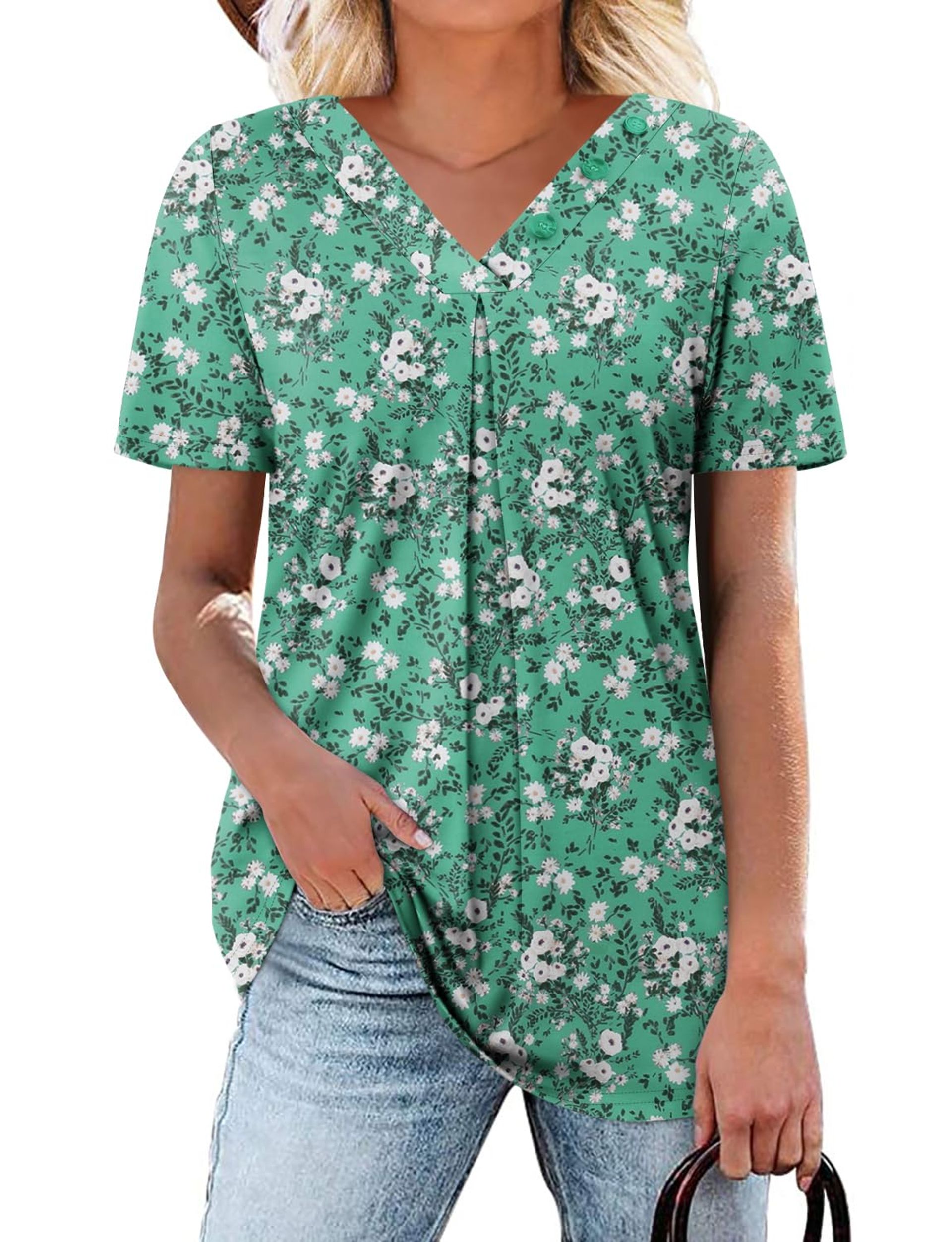 Women's V Neck Short Sleeve Casual Tunic Blouse with Buttons Summer Top - Greenwhite UK 16