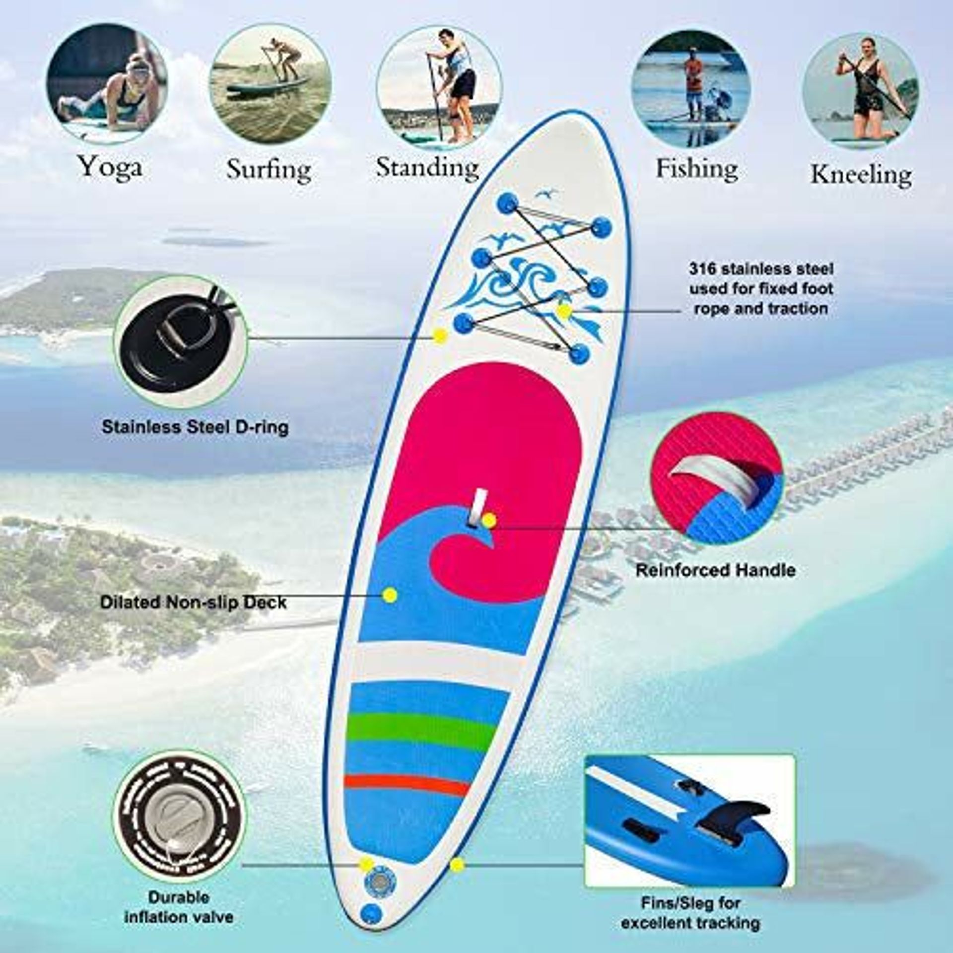 Planche Gonflable SUP ALIFUN – 300x80cm, épaisseur 15cm, Capacité 200kg, Pompe Double Action, Leash, Aileron, Sac – Pour Océan, Lac, Rivière