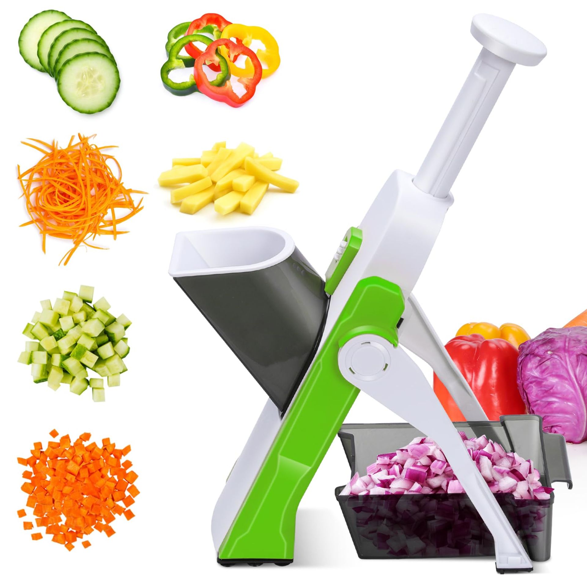 Mandoline Vegetable Slicer, Safe & Adjustable Chopper for Potatoes, Cucumbers & More - Green & White