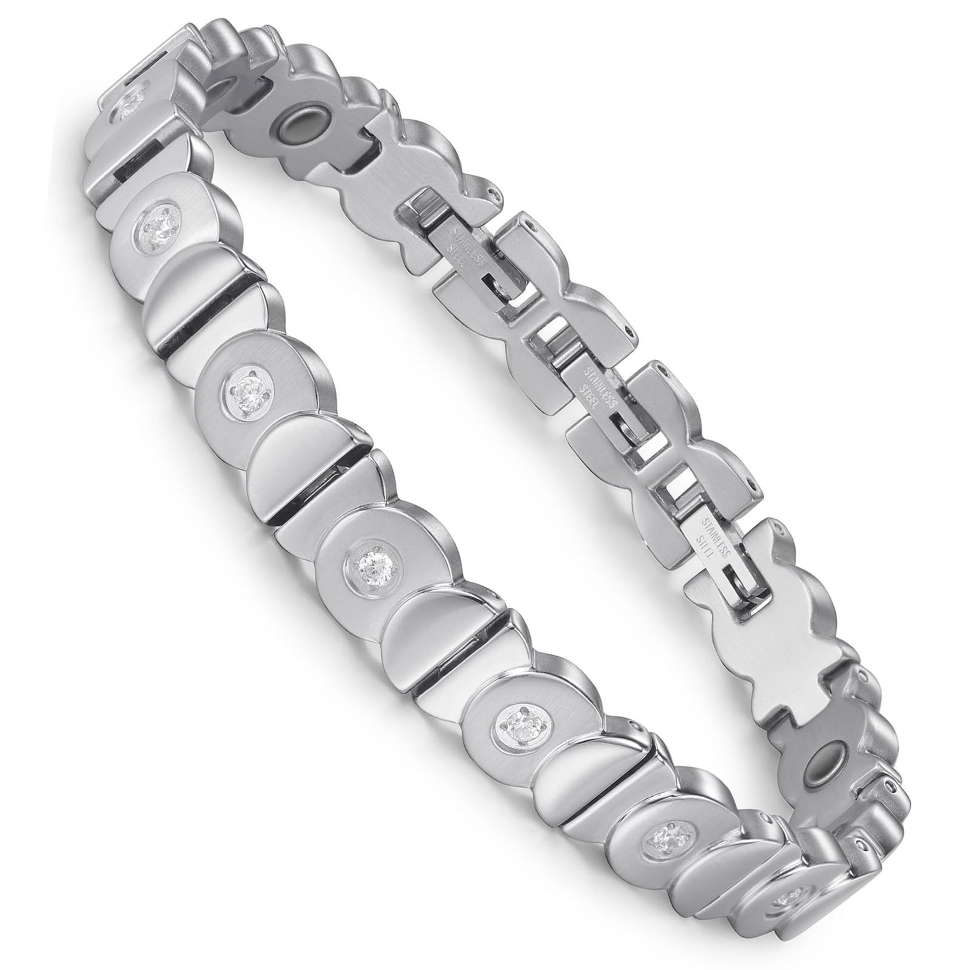 Magnetic Bracelet for Women Stainless Steel Kissing Fish Design Adjustable Jewellery Gift Box - Silver 8.46 inches