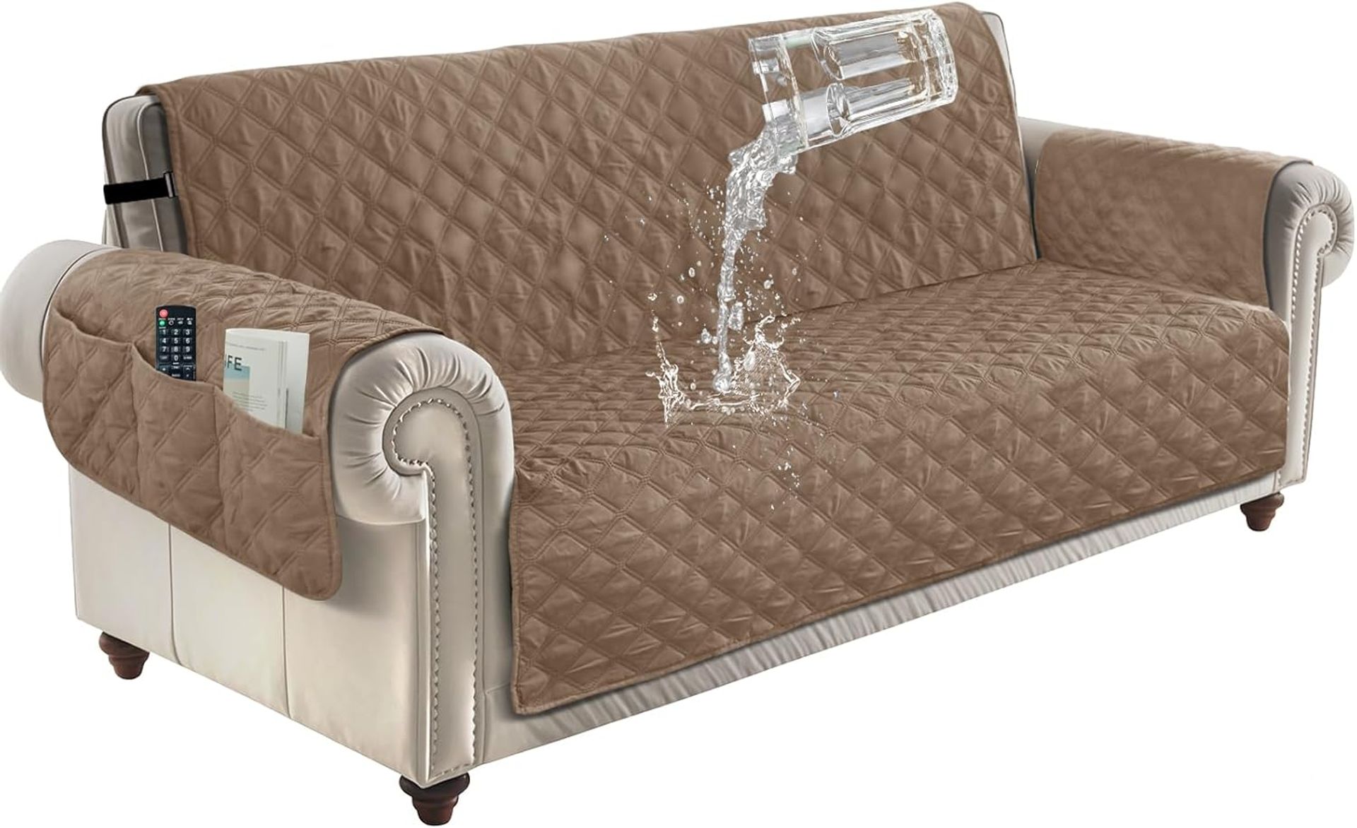 Waterproof Sofa Cover 4 Seater Slipcover with Non-Slip Straps & Pockets - Taupe