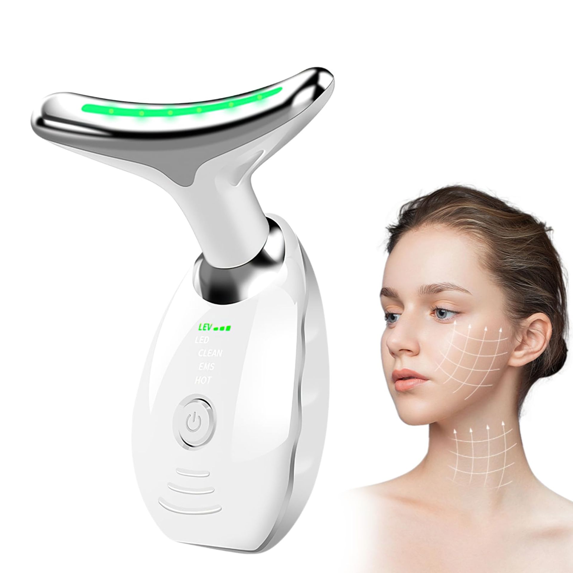Face Massager Electric 7 Colour LED EMS Microcurrent Lifting Device with Heat & Vibration for Anti-Ageing and Skin Firming - White 7 Colour LED