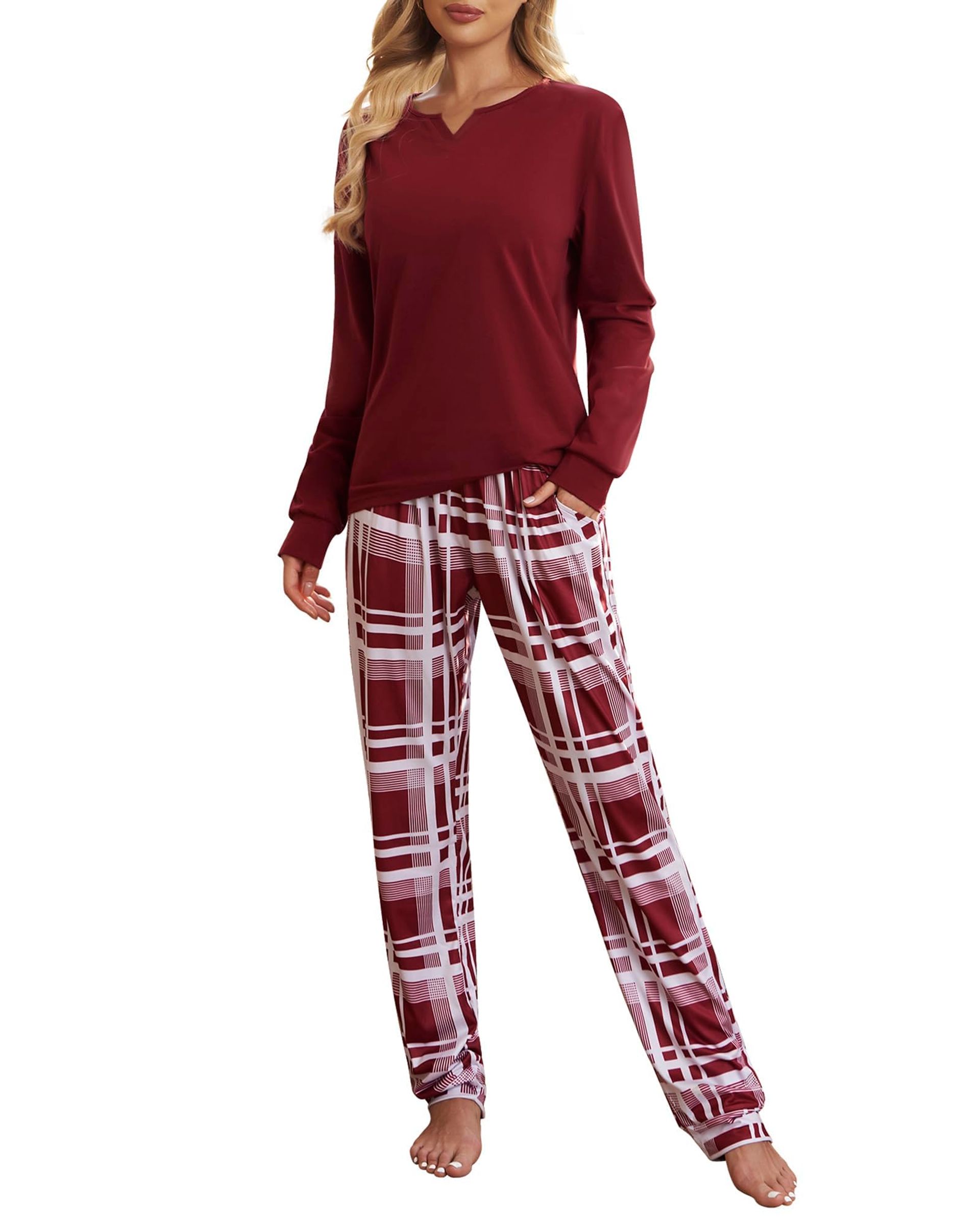 Women's Long Sleeve Checked Pyjamas Set Soft V-Neck Loungewear with Pockets and Drawstring - Red XL