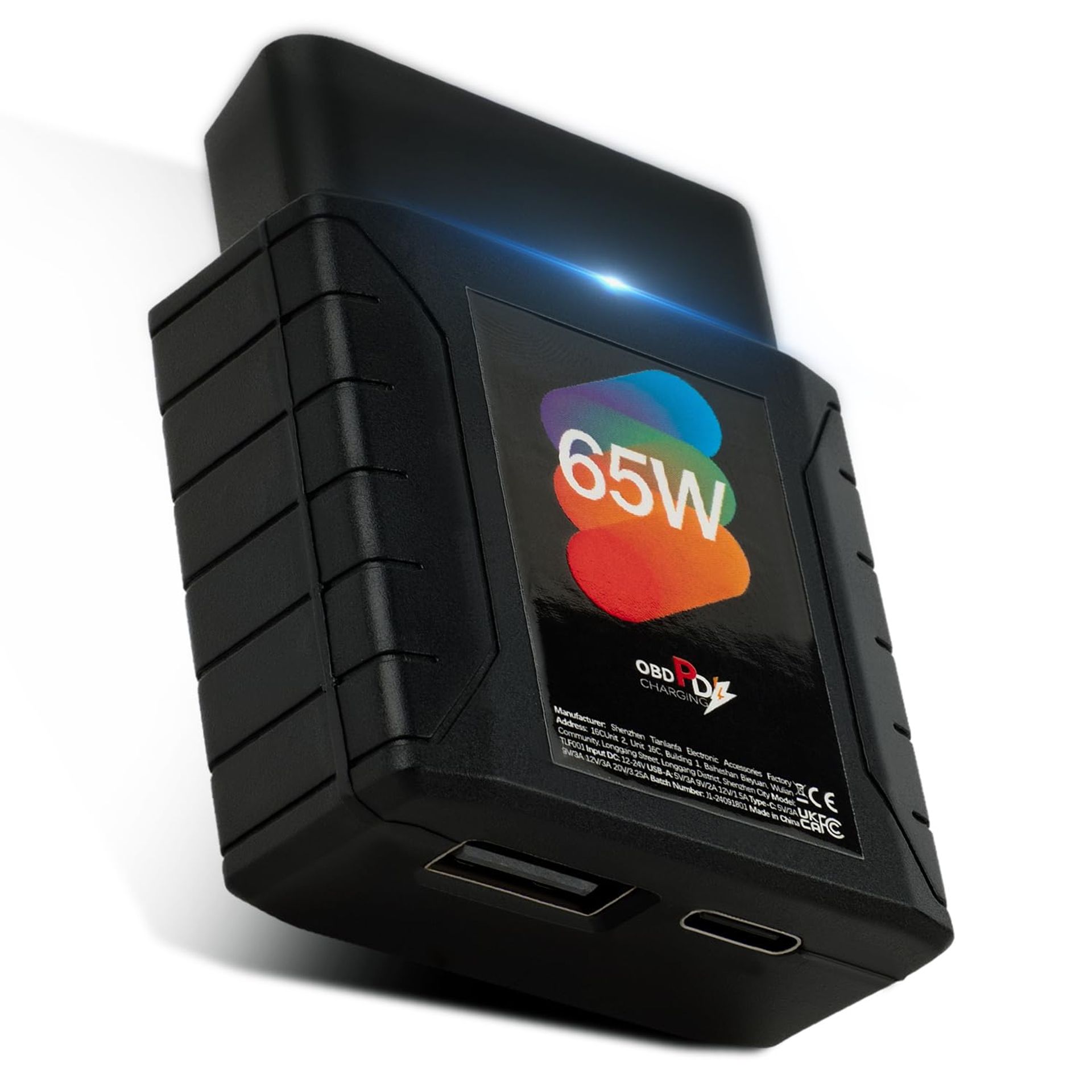High Power Car OBD2 to USB Adapter PD65W Dual USB-C & USB-A Fast Charger for Tablets, Laptops & Dash Cameras - Black