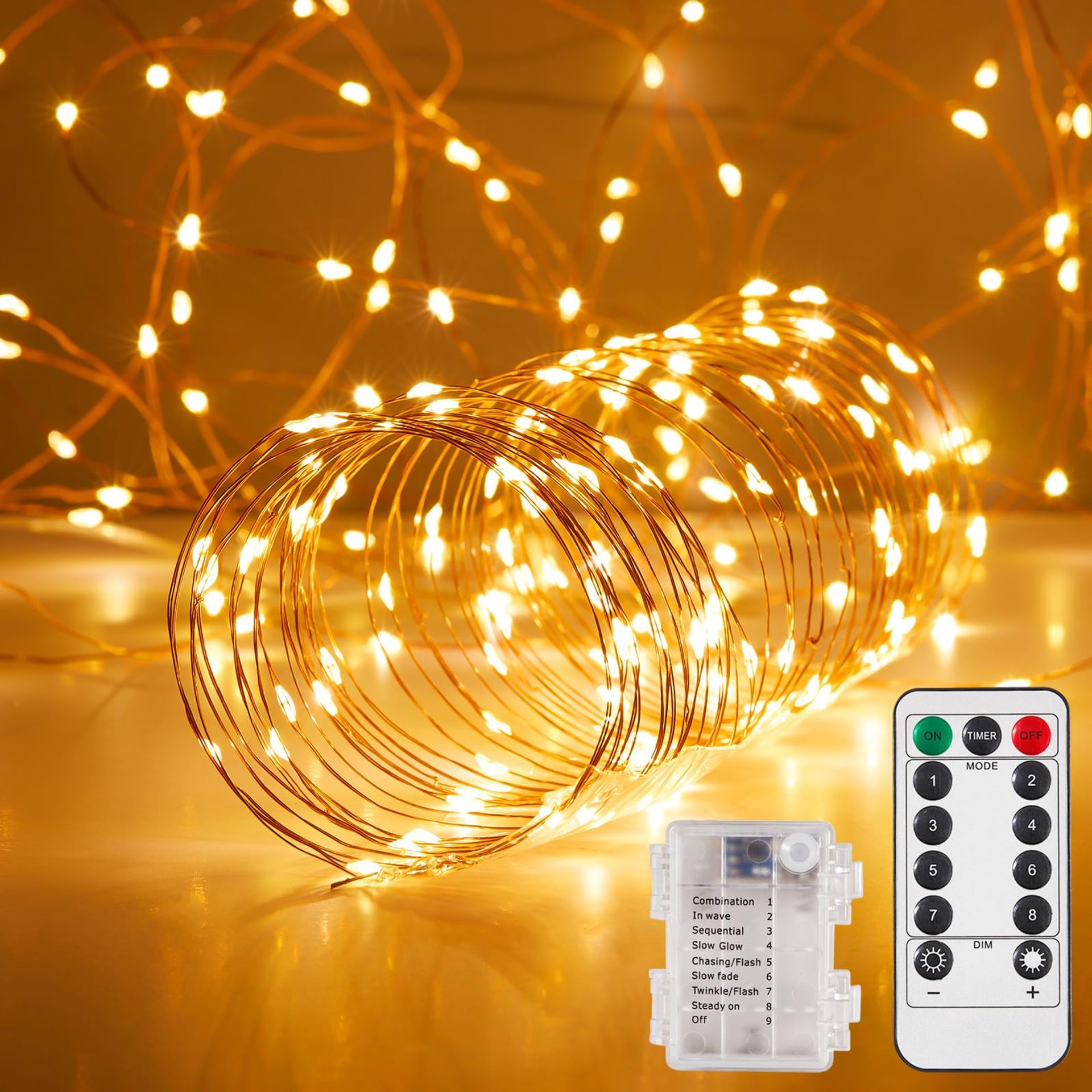 Fairy Lights 65.6ft 200 LED Battery Operated with Remote, Timer & 8 Modes, Waterproof Copper Wire for Indoor & Outdoor Décor - Warm White 1 Pack