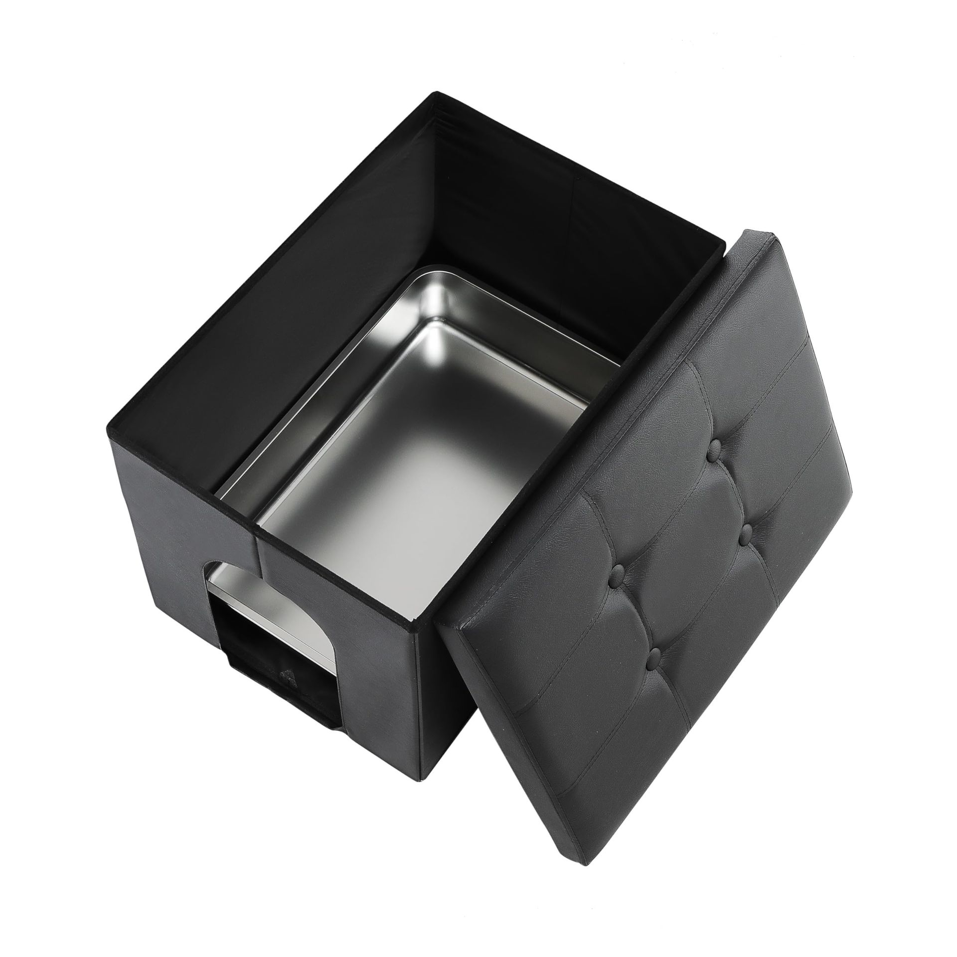 Cat Litter Box Enclosure Furniture Hidden Stainless Steel Tray Dog Proof Waterproof Bench - Black Large