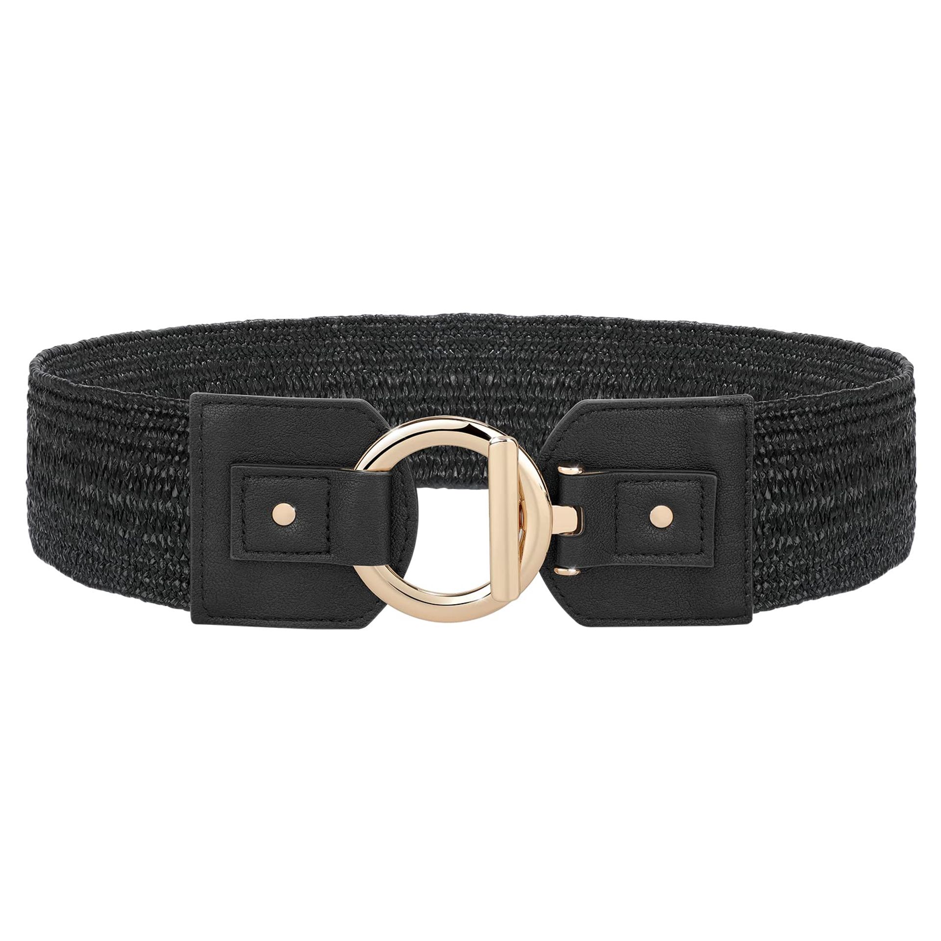 Stylish Black Straw Woven Elastic Belt with Gold Buckle for Women - Perfect for Dresses