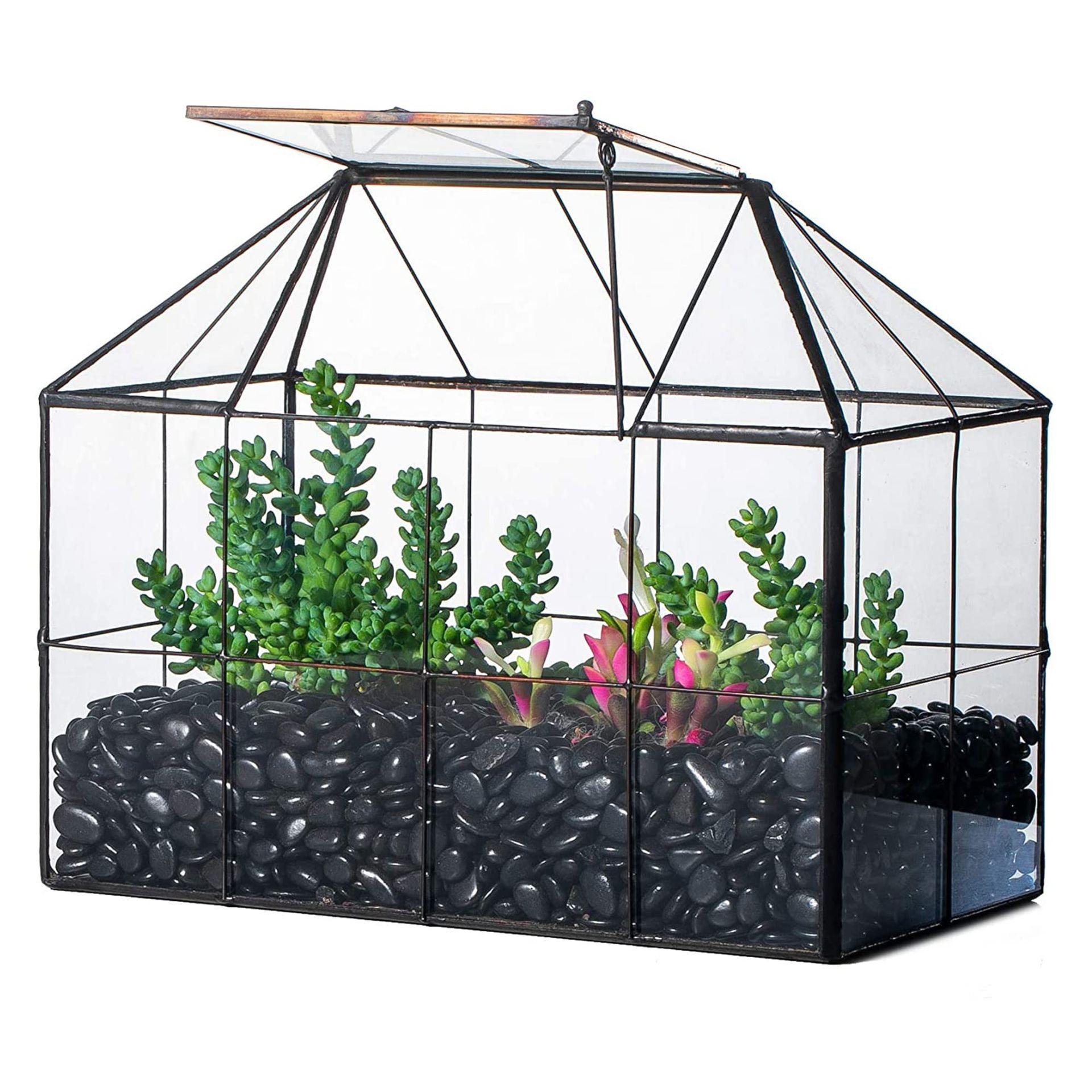 Geometric Glass Terrarium House Shape Planter for Succulents, Cacti, Modern Indoor Tabletop Décor Centrepiece - Black 25x13.5x20cm