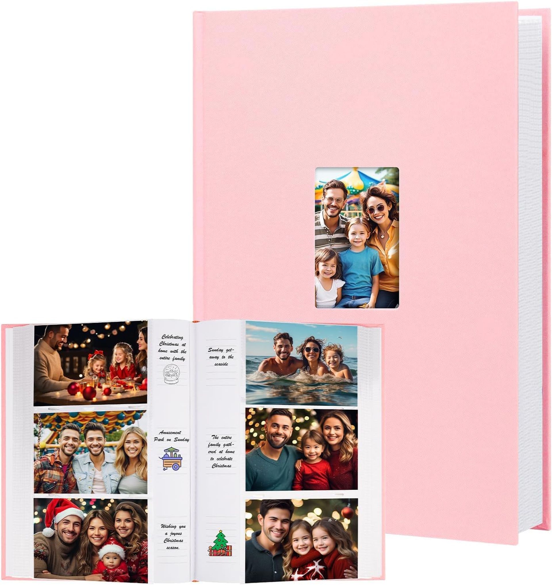 Photo Album 6x4 450 Photos Linen Cover with Writing Space and Front Window - Pink 22x16x4cm