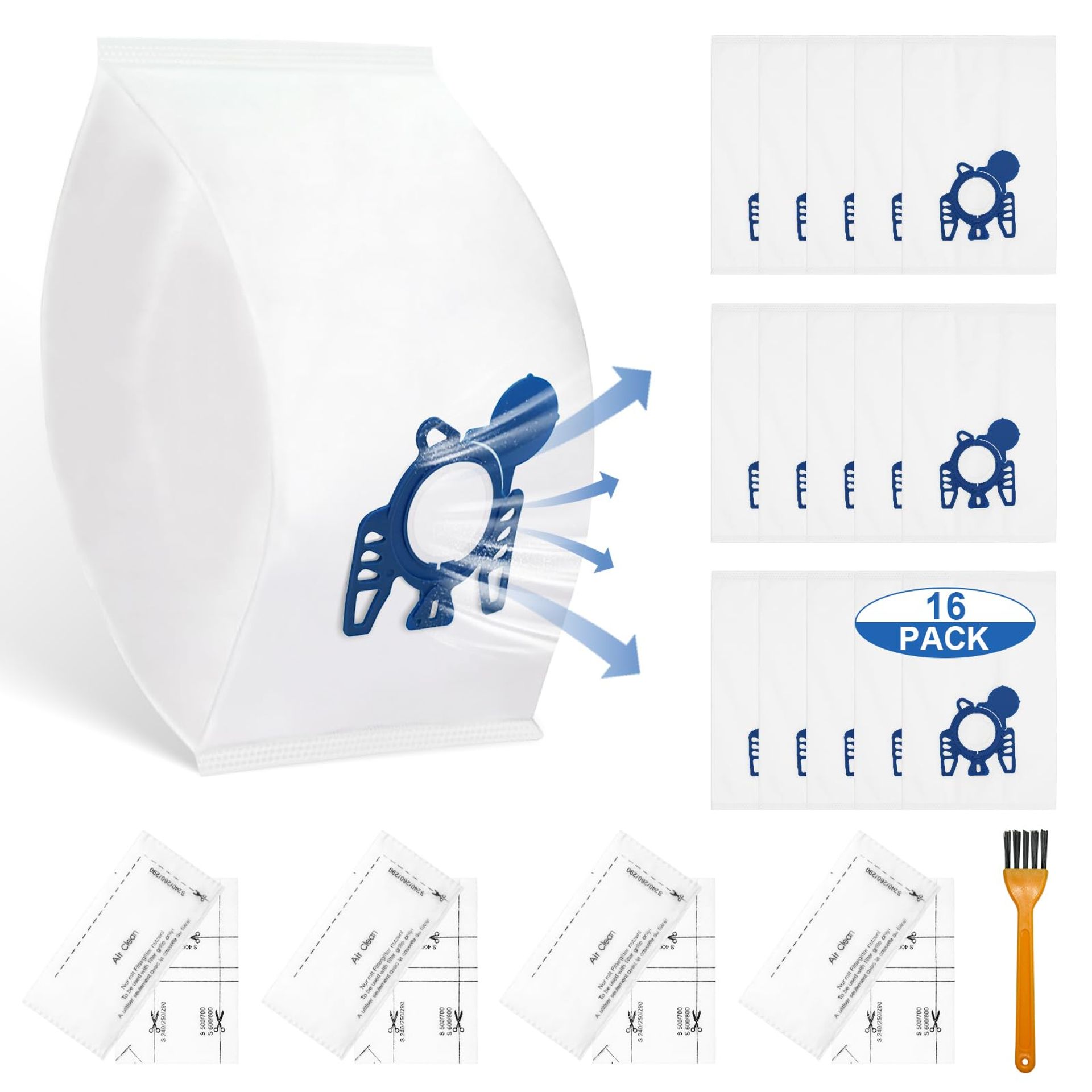 16 Pack Vacuum Bags for Miele C1 C2 C3, S227 S400, Dust Bag Replacements with Air Filter, Enhance Suction & Air Quality