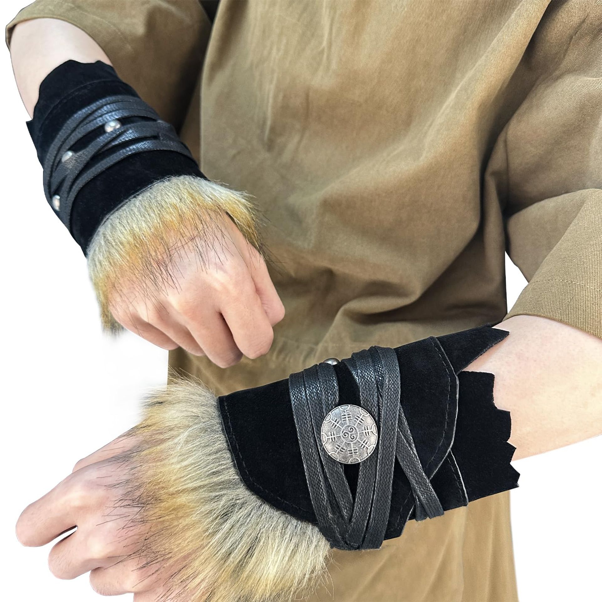 Medieval Suede Arm Wraps with Faux Fur Bracers Viking Knight Gauntlets - Black A One Size