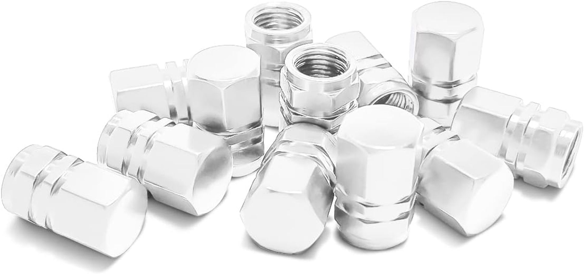 Hexagon Aluminium Alloy Tyre Valve Dust Caps with Seal Rings, Leakproof & Universal Fit - Silver White (Set of 16)