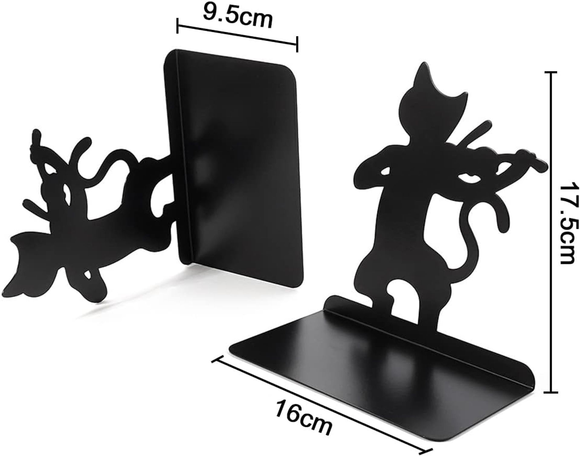2 Pair Black Steel Violin Cat Bookends - Decorative Book Stoppers, School & Office Supplies