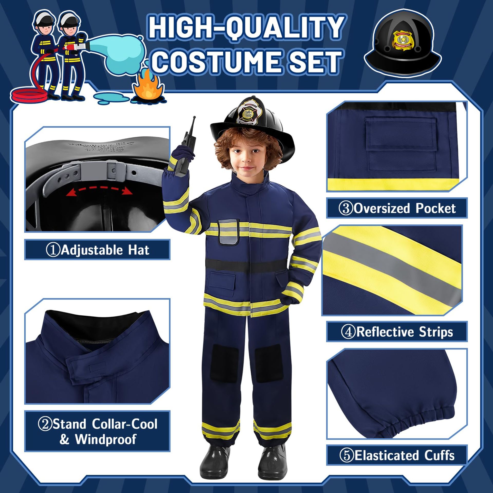 Kids Fireman Costume Dress Up Set With Helmet, Hose, Gloves & Toolbox
