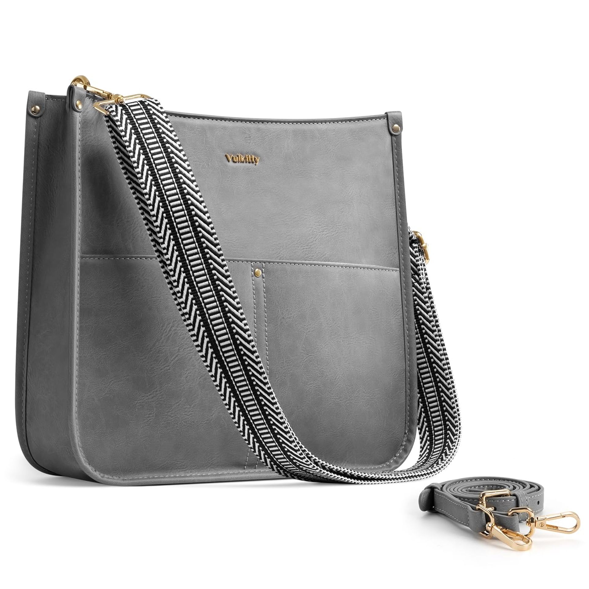 Vulkitty Grey PU Leather Crossbody Satchel Bag for Women with Adjustable Ribbon & Leather Straps