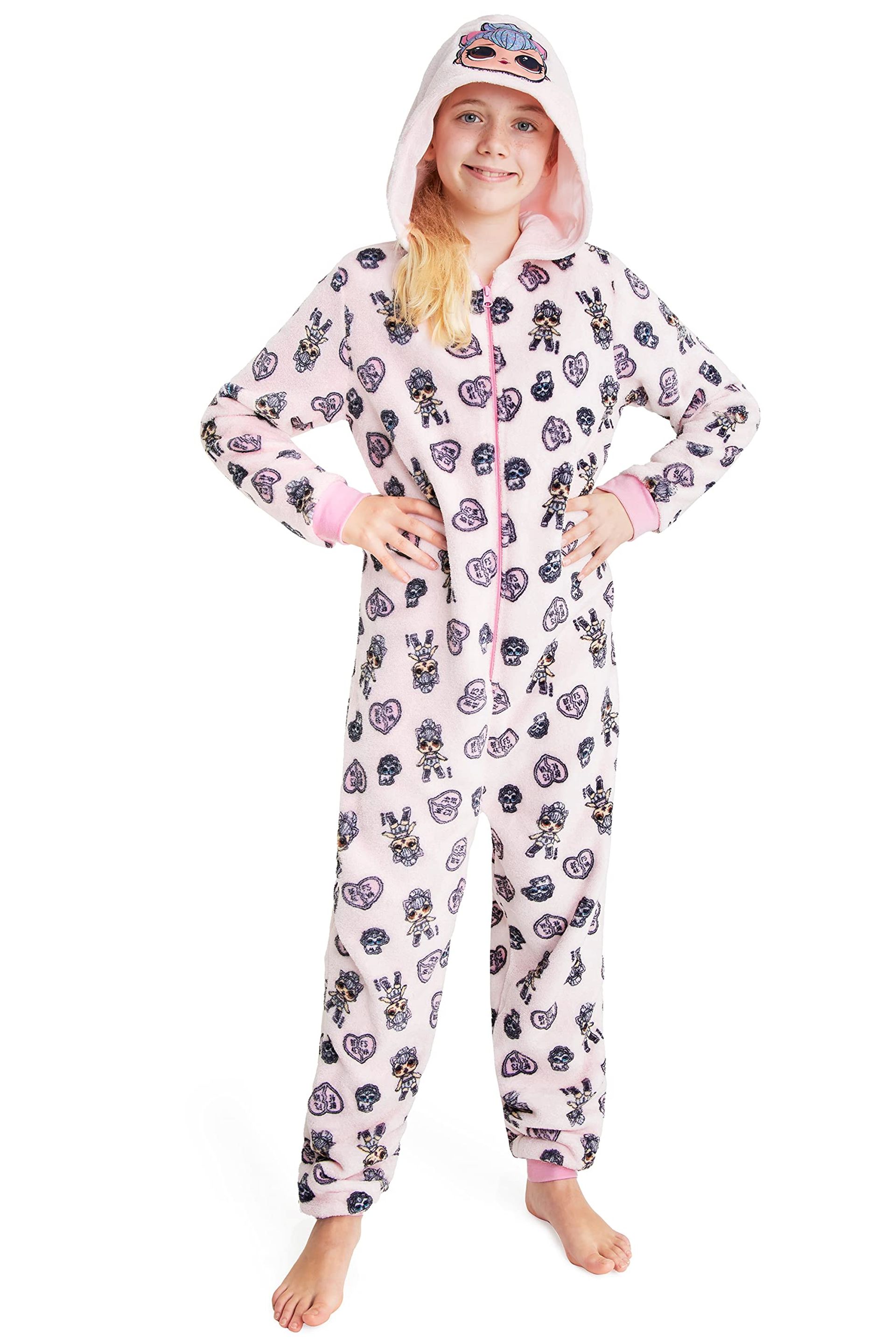 Girls' Fleece Onesie Pyjamas with Unicorn or Kitty Queen Design - Pink Cat 9-10 Years