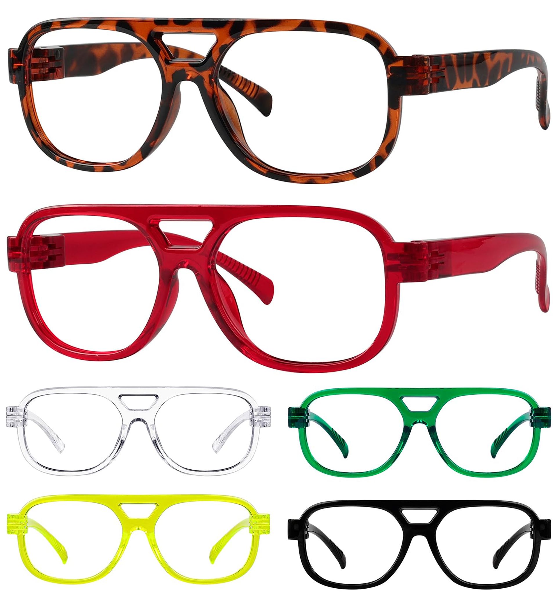 6 Pack Pilot Reading Glasses for Men & Women - Screwless Spring Hinges, Large Frame +1.50 Readers