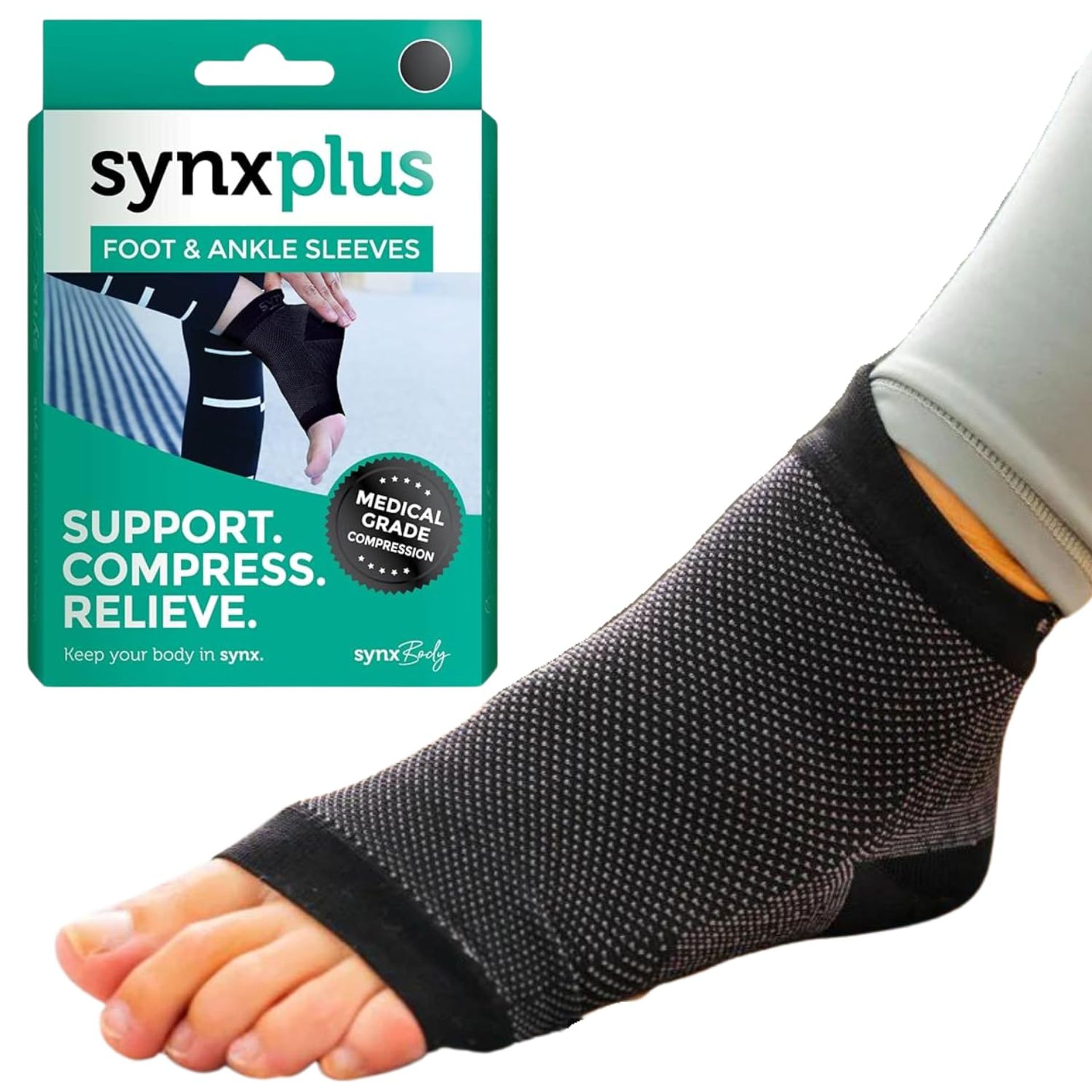 SynxBody SynxPlus Black Foot & Ankle Sleeve - Pain Relief & Support (Small, Pair)