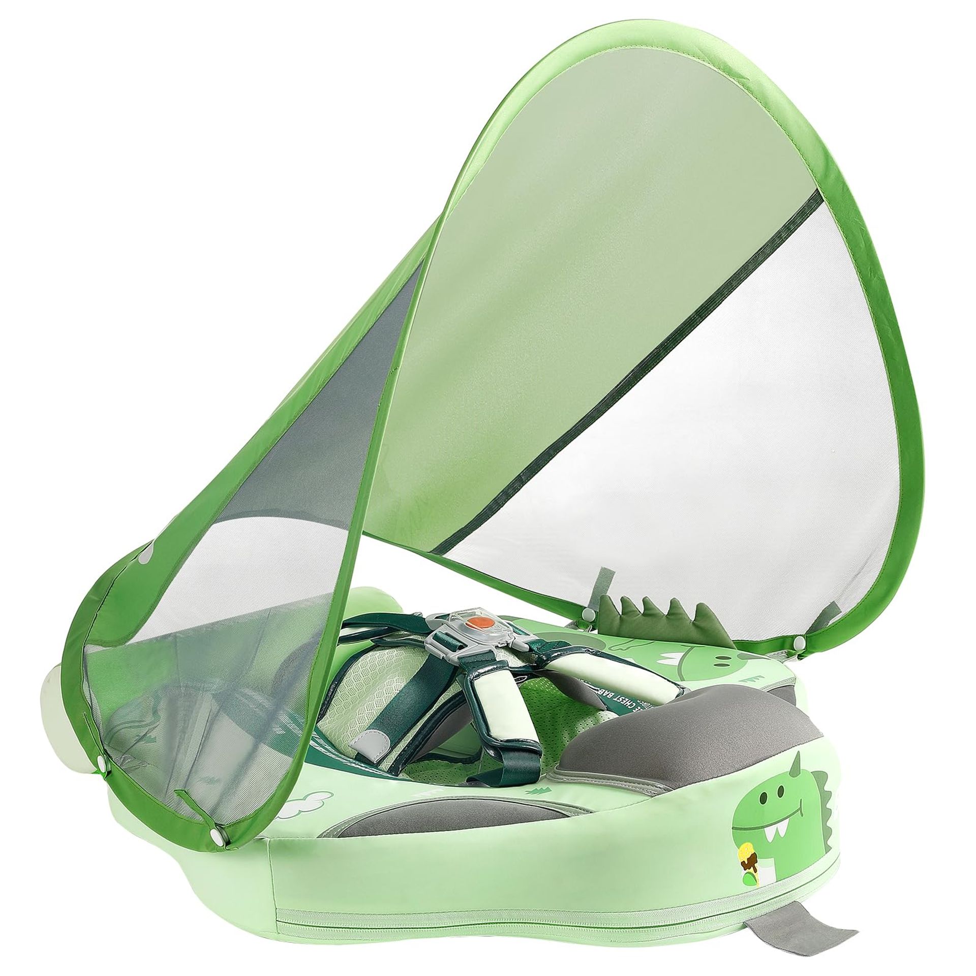 Baby Swimming Float with Adjustable Strap, Canopy & Safety Tail Support - Green Dinosaurs