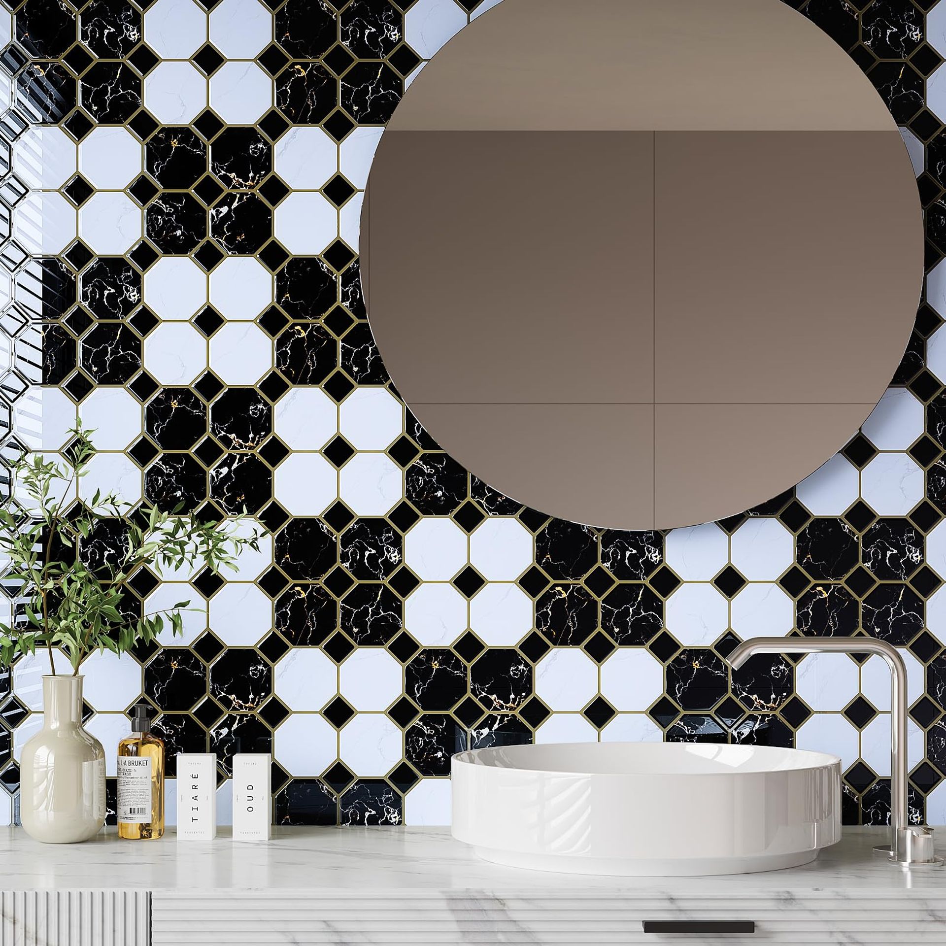 3D Black White Marble Peel & Stick Tile Stickers 30.5cm x 30.5cm 10 Pack - Self Adhesive Waterproof Kitchen & Bathroom Wall Tiles