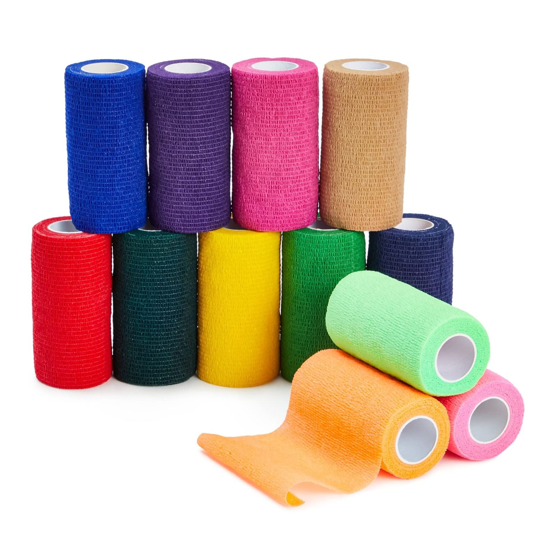 12-Pack Self Adhesive Bandage Wrap, Multi-Colour Cohesive Tape, 4.6m x 10.2cm, Ideal for Sports & First Aid