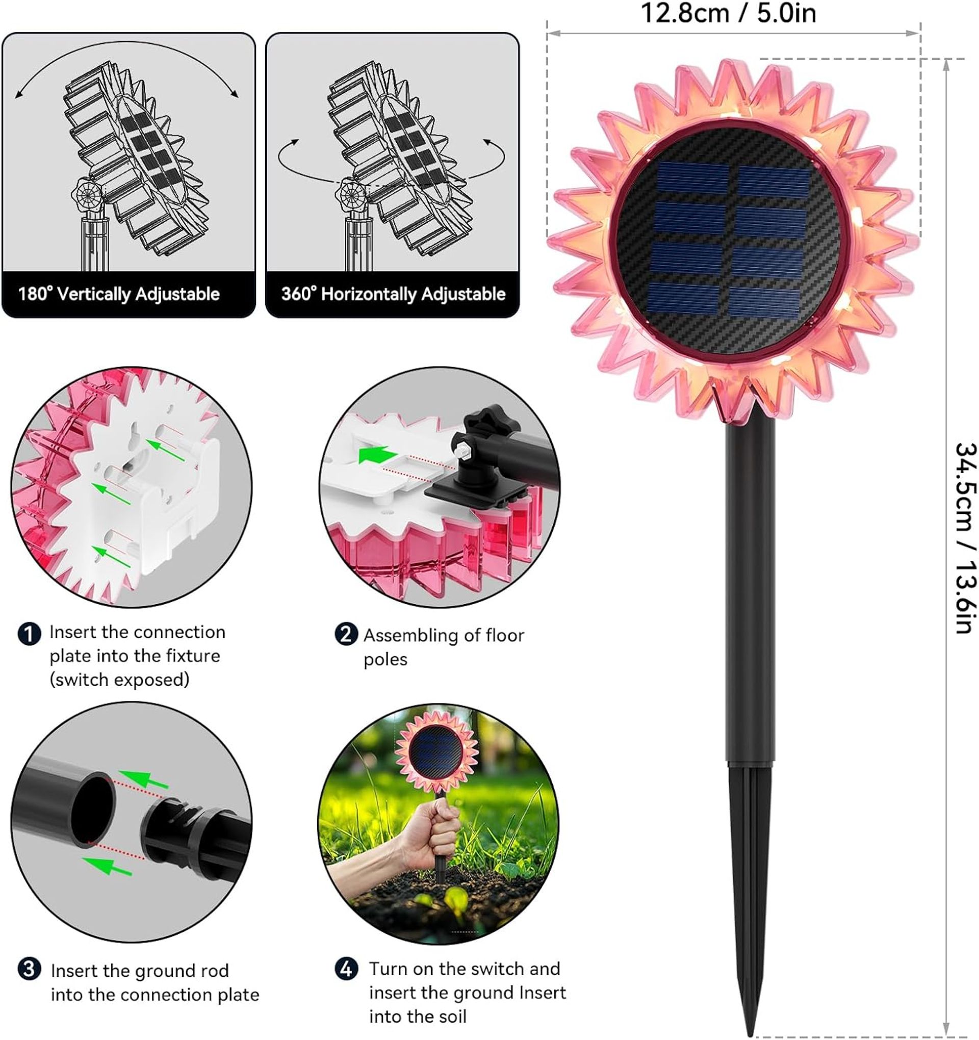 Solar Sunflower Garden Lights 4 Pack, IP67 Waterproof Outdoor LED Pathway & Fence Decoration