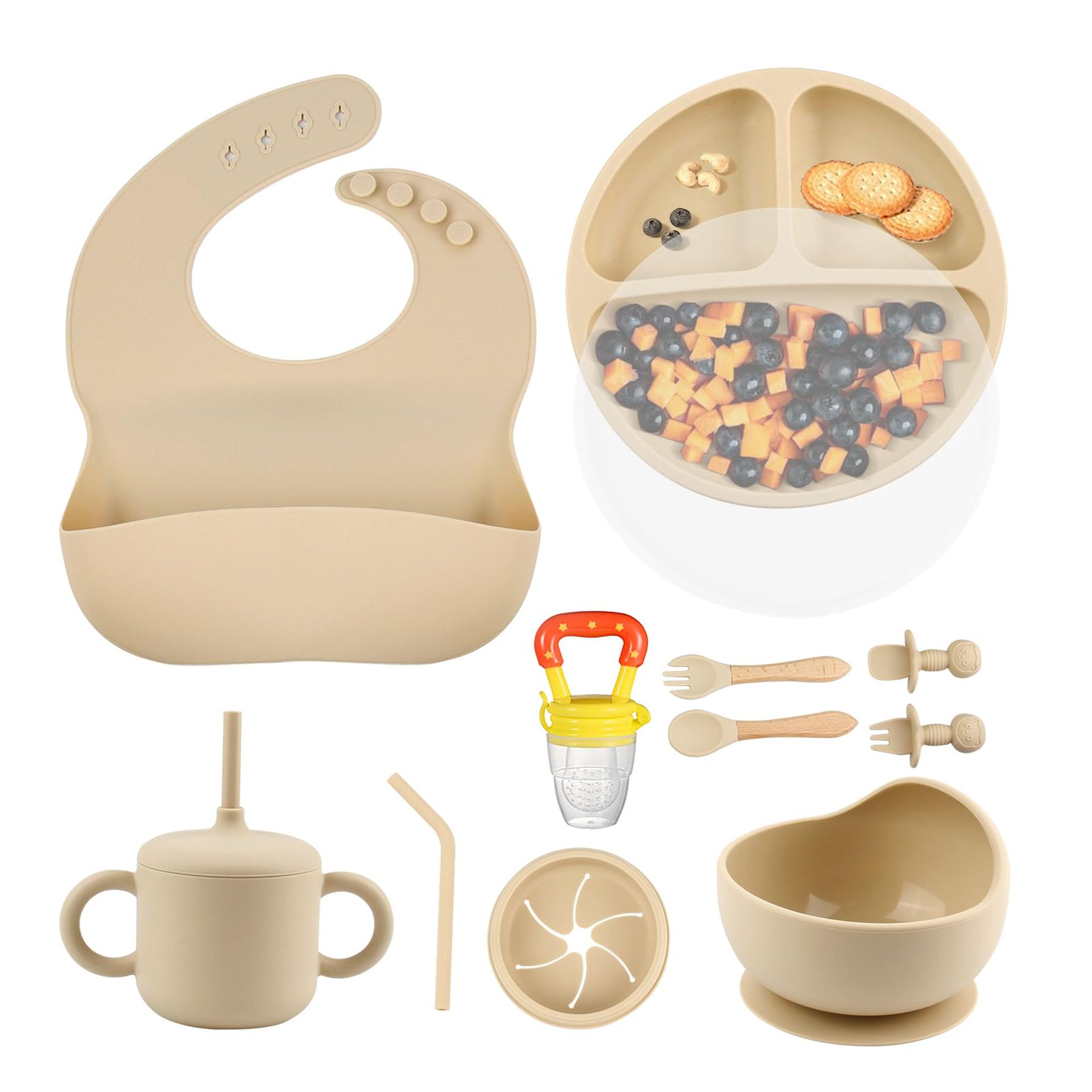 Baby Weaning Set Silicone Feeding Essentials with Bowl, Plate, Bib & Spoons - Beige