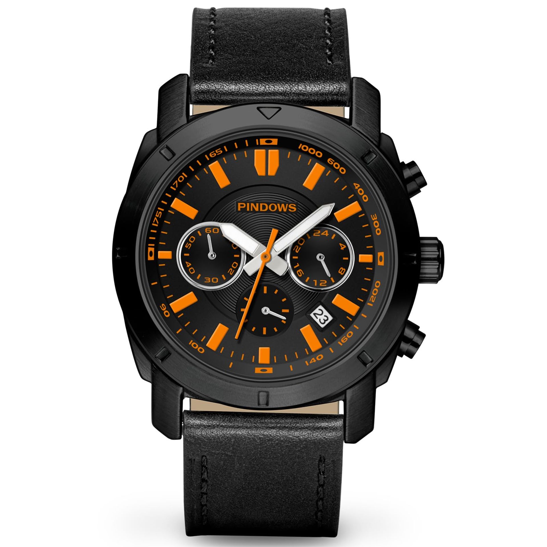 Men's Sports Quartz Watch with Date, Waterproof Black & Orange Leather Strap