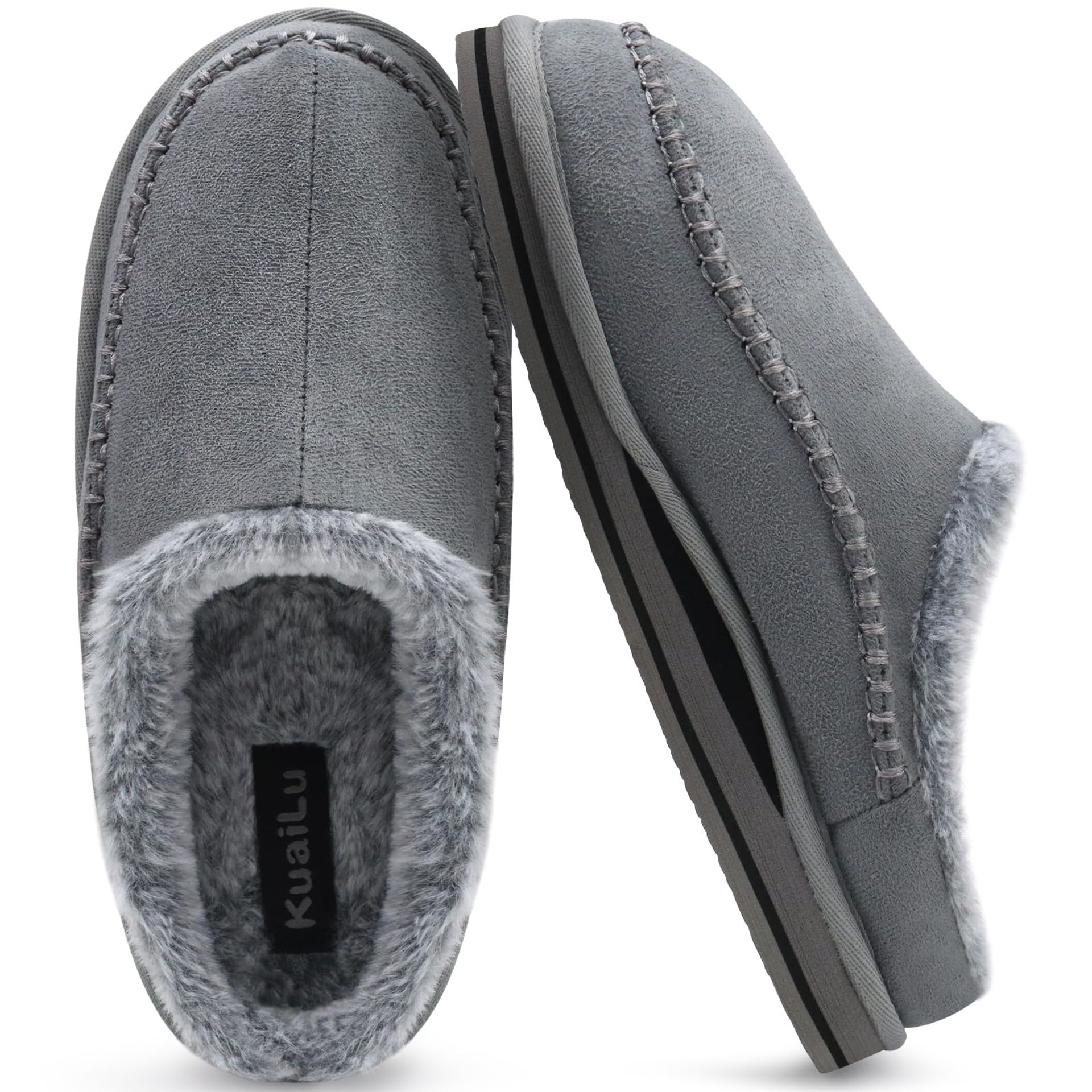 Men's Memory Foam Clog Slippers with Arch Support, Faux Fur Lining & Rubber Sole – Grey Size 8.5