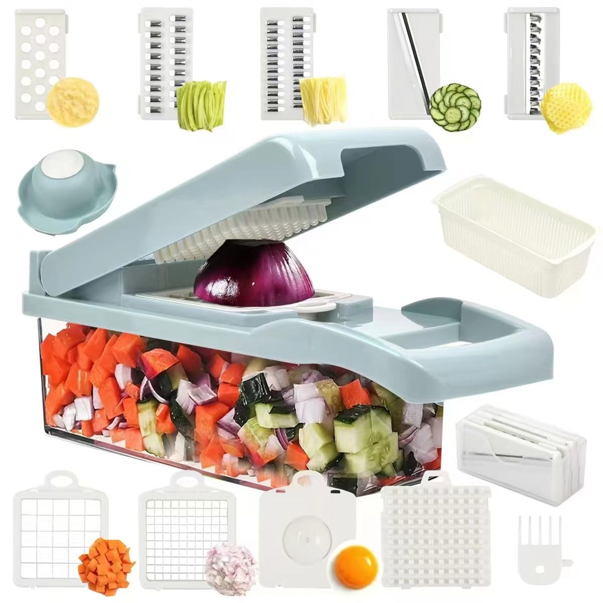 15-in-1 Professional Vegetable & Onion Chopper with Adjustable Slicer - Blue