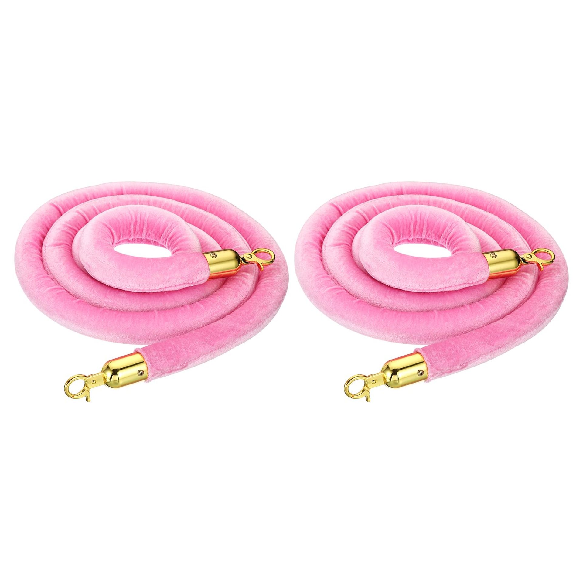 8ft Pink Velvet Stanchion Rope 2 Pack with Golden Hooks for Crowd Control at Events, Hotels, Theatres and Queues