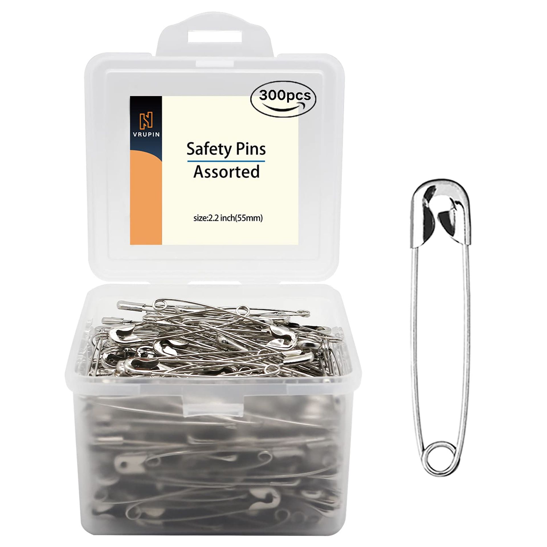 Vrupin 300 Pack Safety Pin, 2.2Inch/54mm, Silver, Modern Style, Steel Material, Safety Pin for Clothes, Home Office