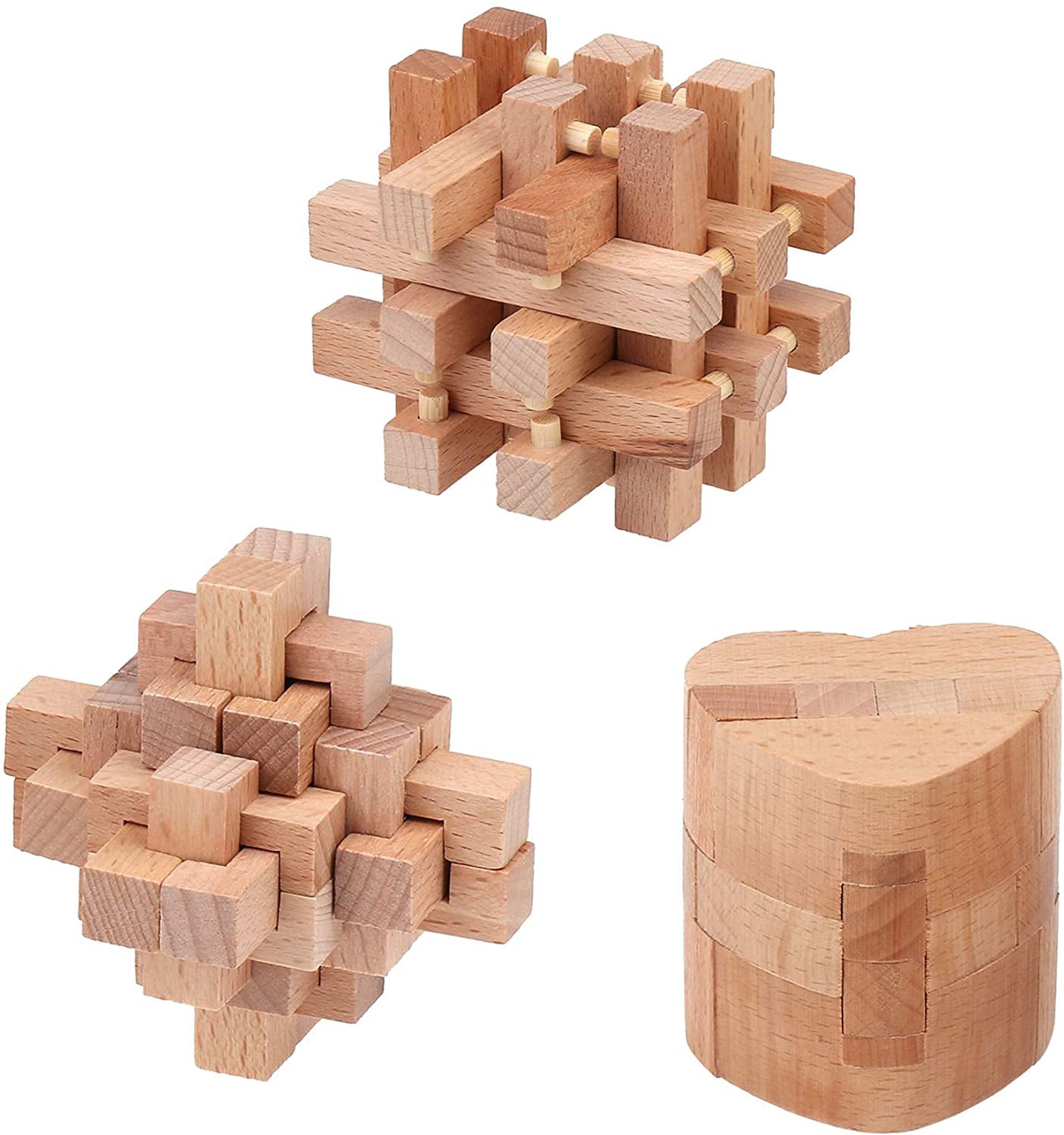 3D Wooden Brain Teaser Puzzle Set 3pcs – Interlocking IQ Challenge Game for Adults & Kids, Improves Logic & Concentration