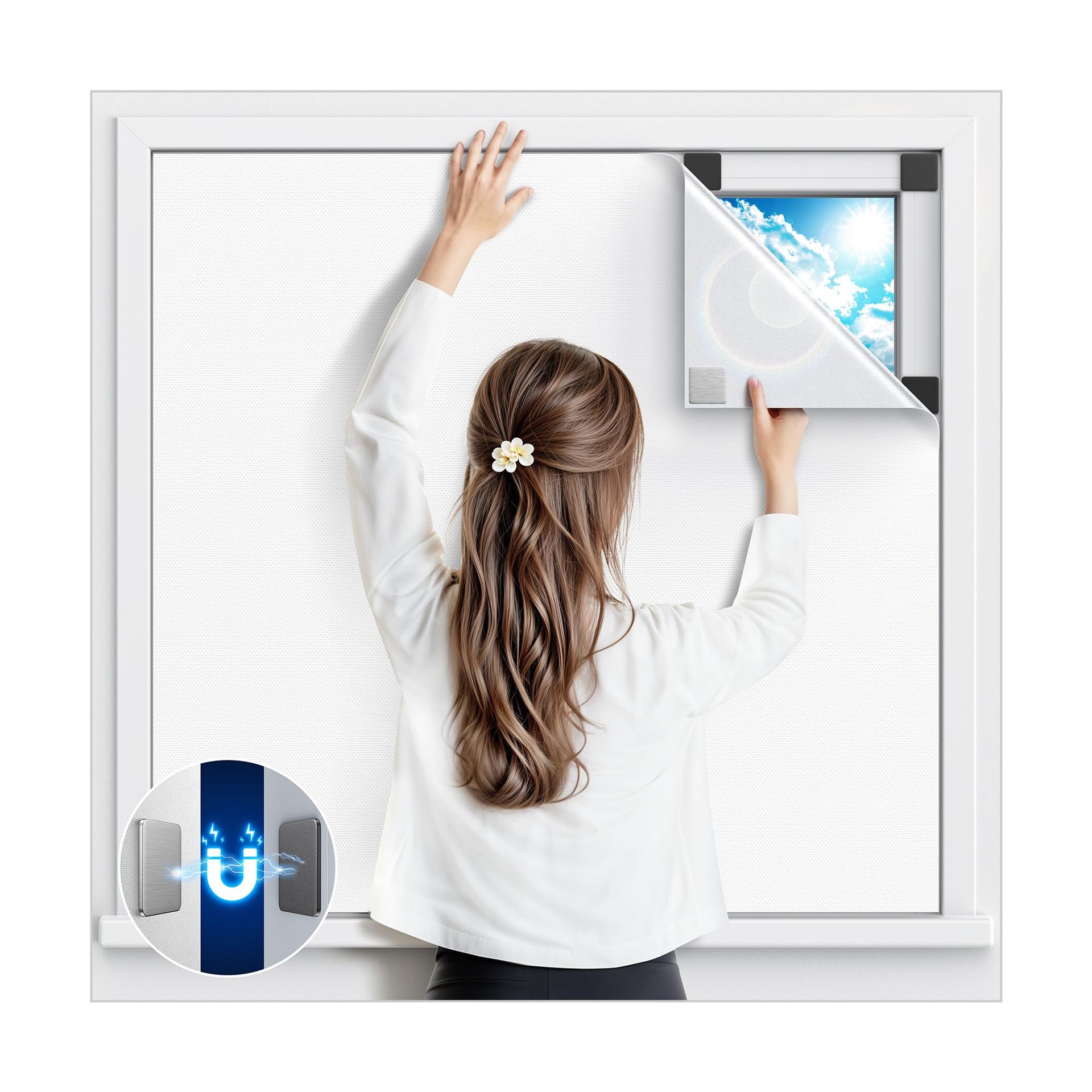 Magnetic Blackout Blind Stick On 100% Light Blocking Easy Fit Curtains for Bedroom, Nursery, Travel and RV No Drill Install - White 147W x 114H cm