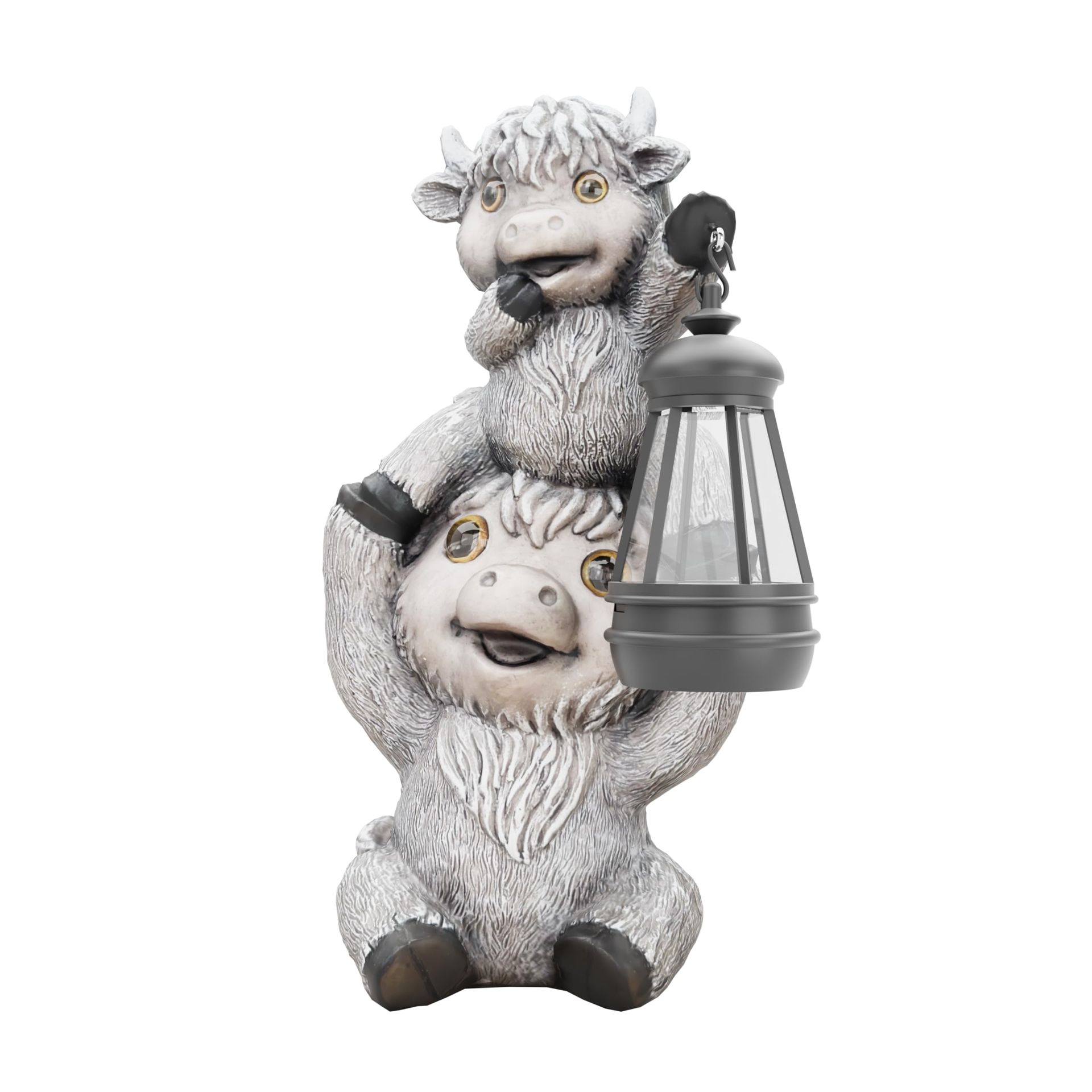 Highland Cow Resin Statue with Solar Lights – Grey Garden & Home Ornament for Patio, Balcony & Indoor Decoration