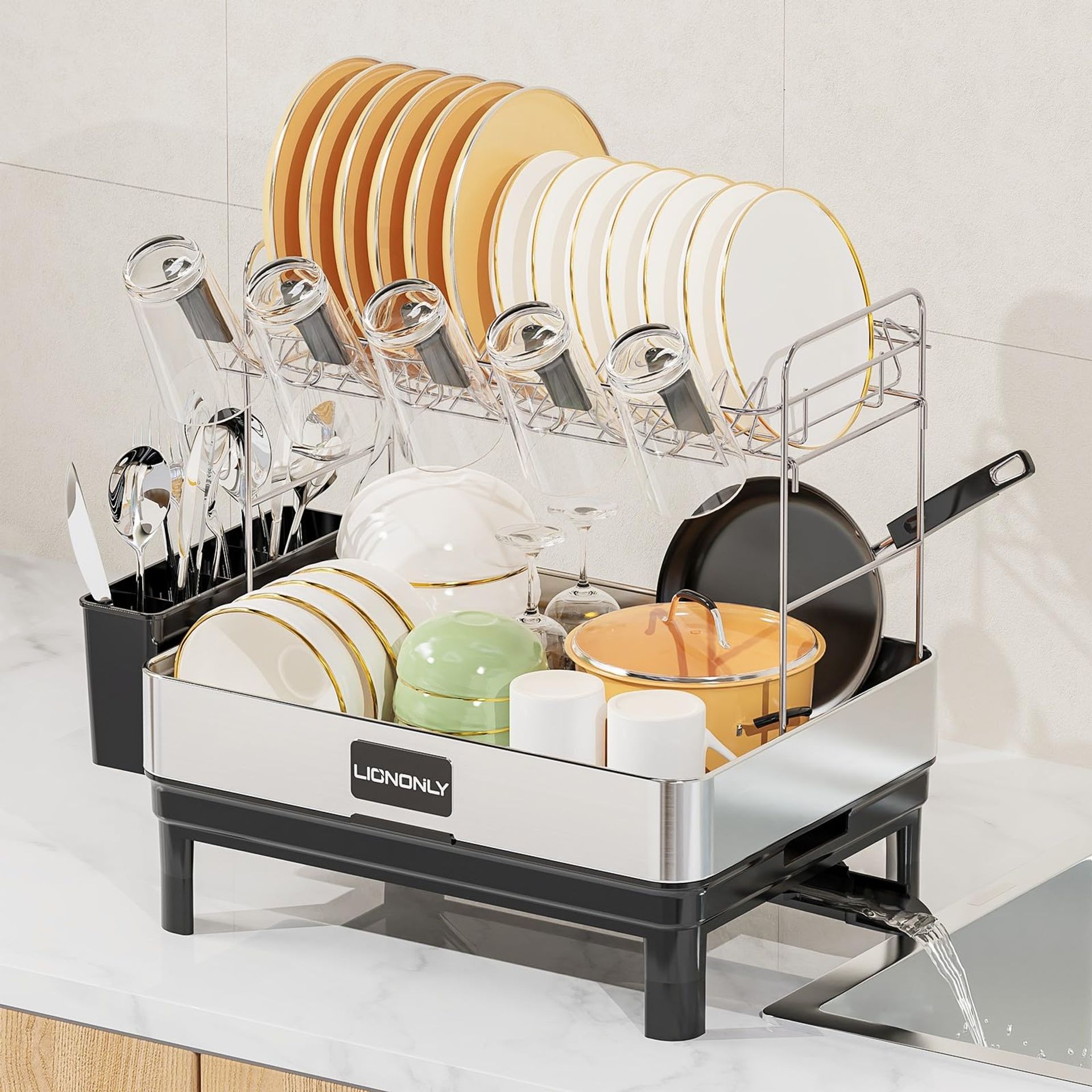 2 Tier Dish Drainer Rack 304 Stainless Steel with Swivel Spout, Cup & Utensil Holders - Black 18.9" x 12.6" x 17.7" - Spring Refresh