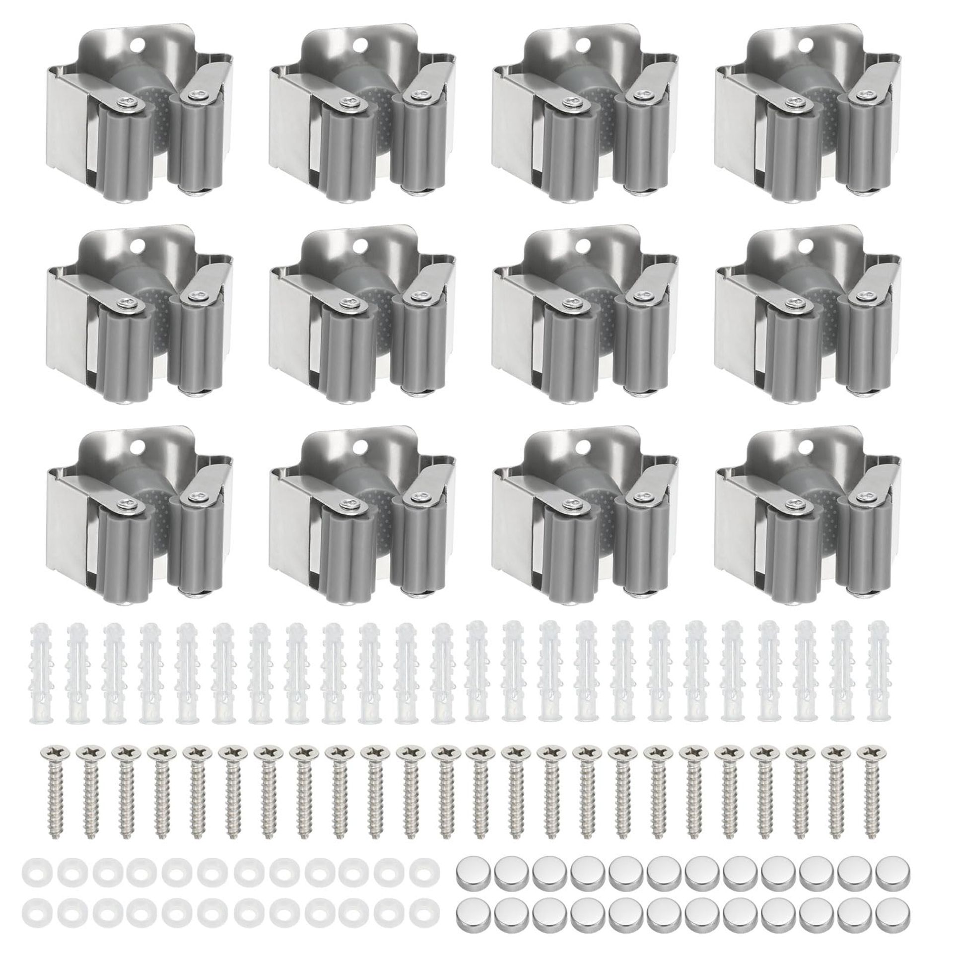 24 Pack Stainless Steel Mop & Broom Holder Clips with Screws - Heavy Duty Wall Mounted Tool Organiser for Home, Garage & Garden - Grey
