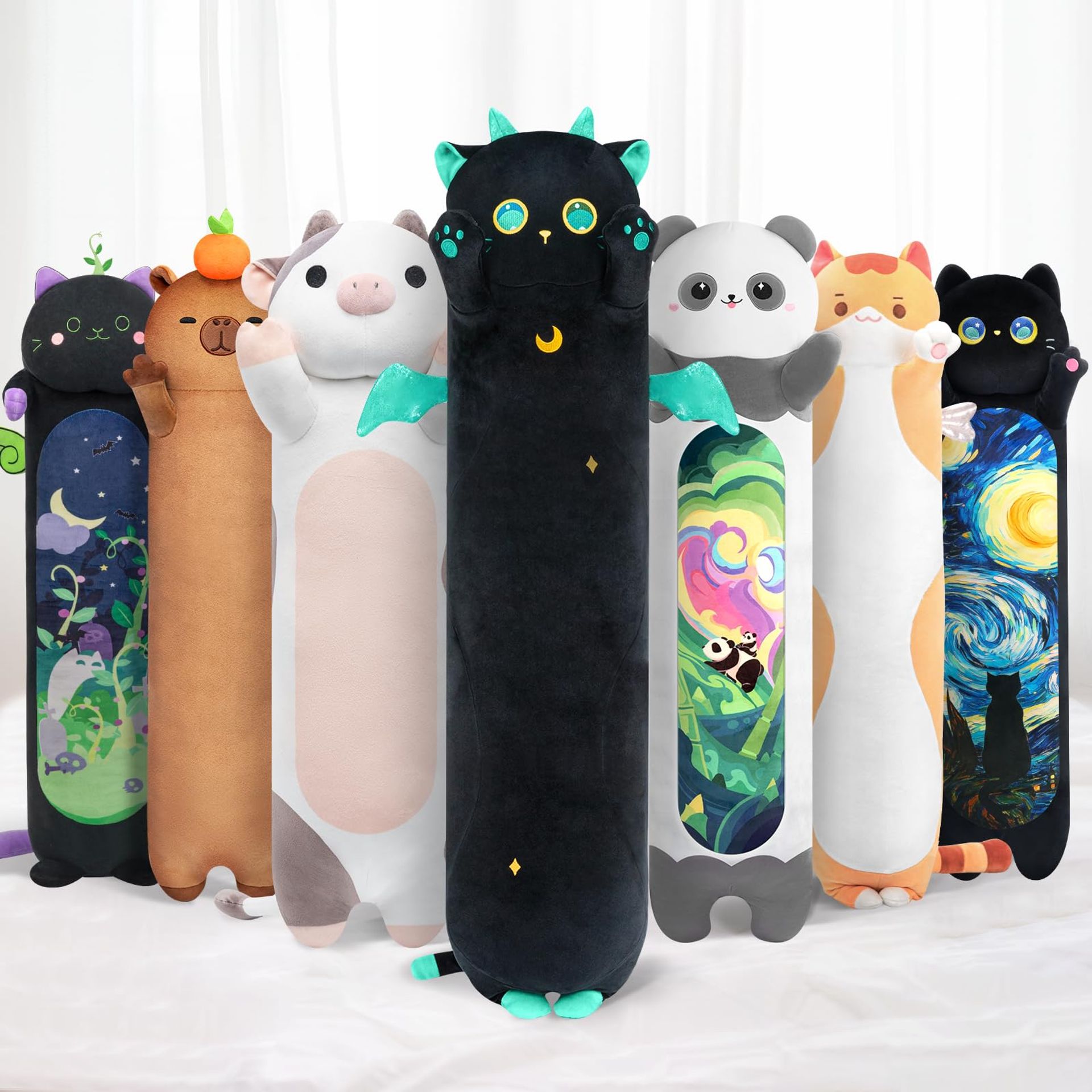 Long Cat Plush Pillow Soft Stuffed Animal Squishy Cushion for Kids & Adults - Big Eyes Cat 51inch - Valentines