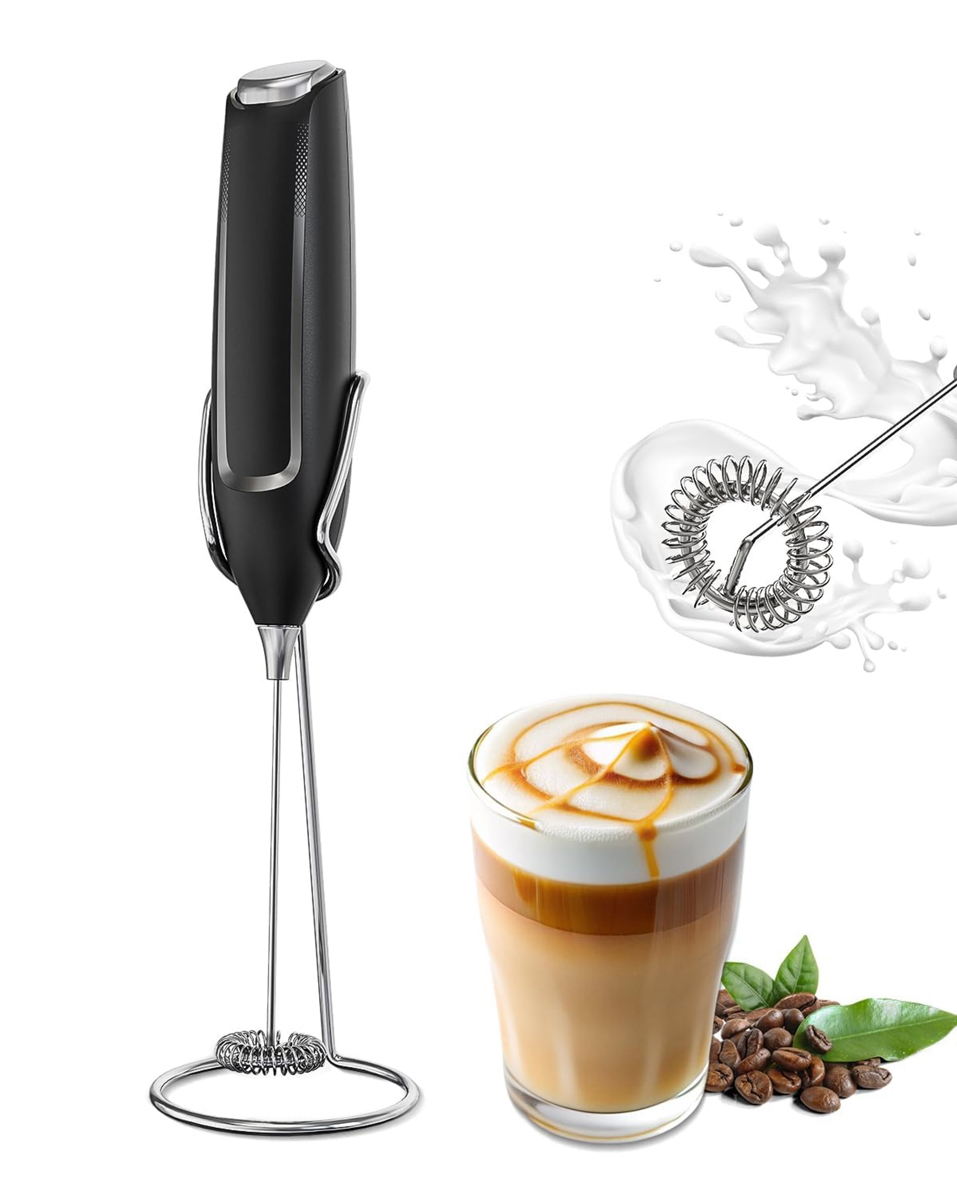Battery-Operated Handheld Milk Frother with Stand, Electric Foam Maker for Coffee, Latte, Matcha, Hot Chocolate