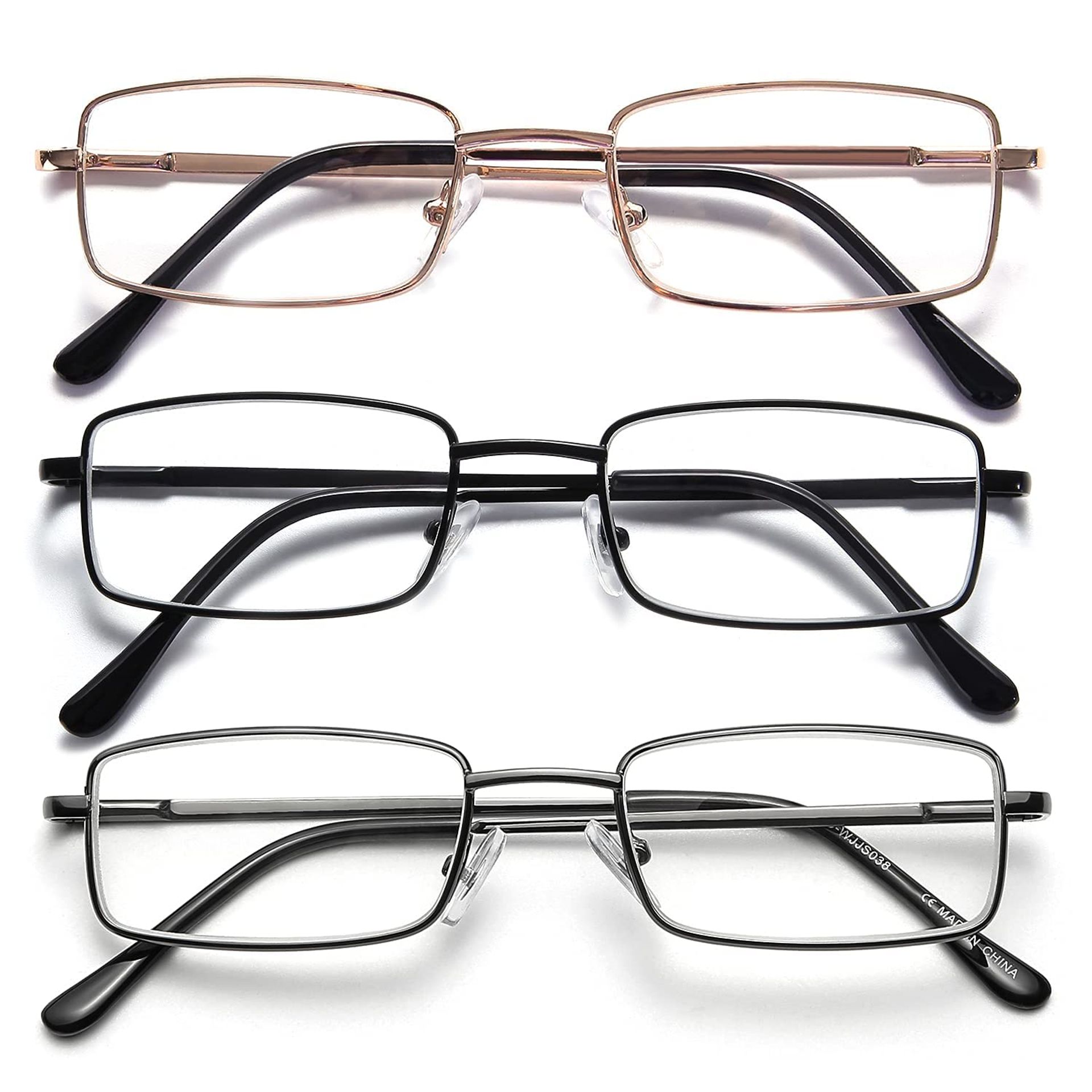 3 Pack Blue Light Blocking Reading Glasses for Men with Spring Hinges, Anti Eye Strain Square Metal Readers - Gold Black Gun Metal +1.0