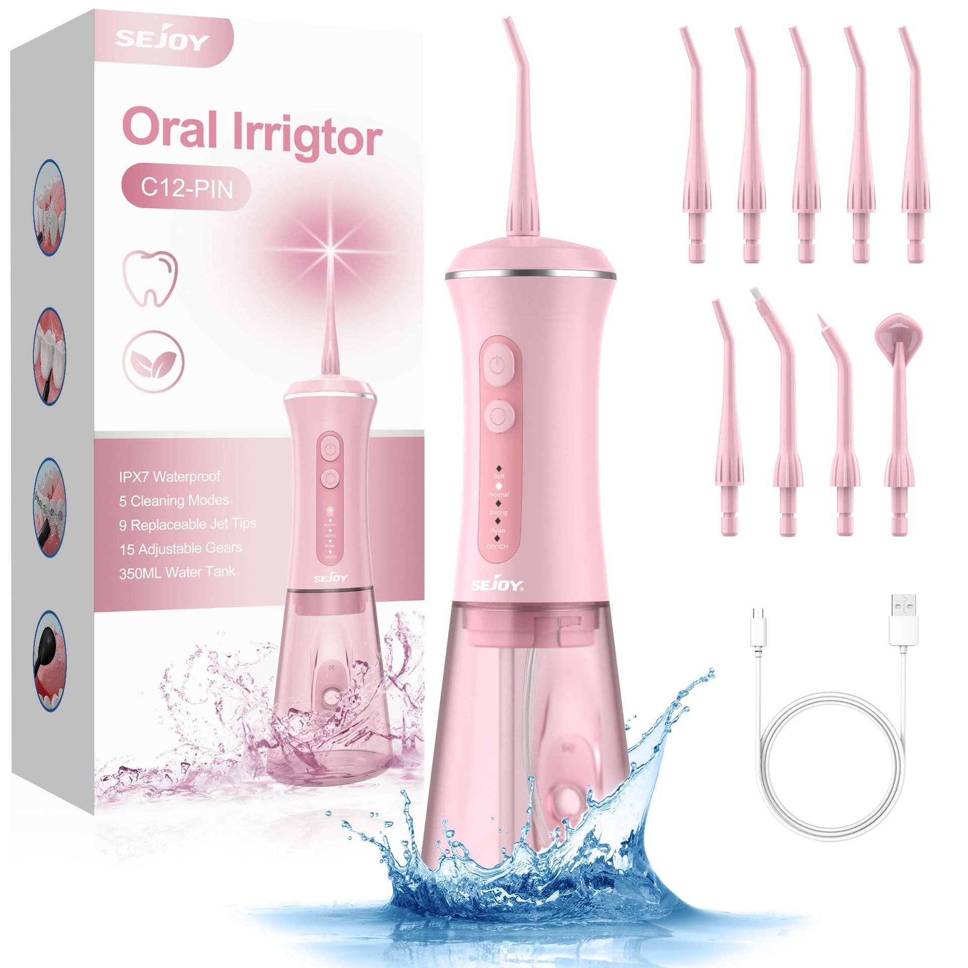 Water Flosser Cordless Oral Irrigator 5 Modes 9 Jet Tips 350ML Tank IPX7 Waterproof for Teeth Braces & Bridges - Pink C12