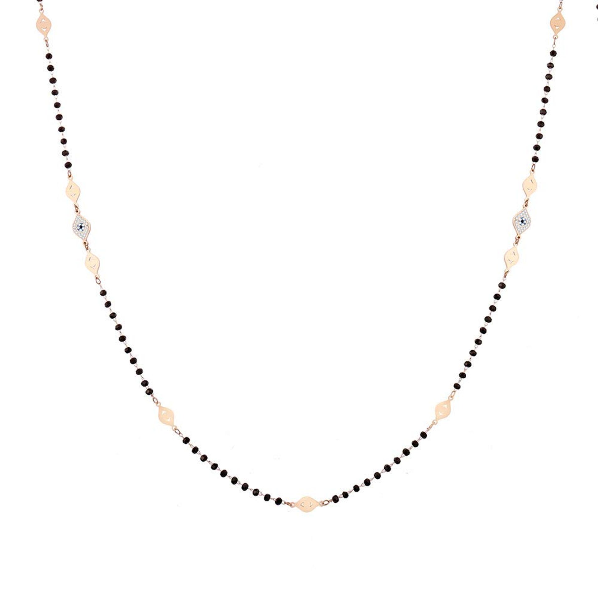 Elegant Stainless Steel Long Necklace with Black Beads & Eye Crystal Pendant – Stylish Anti-Allergic Jewellery Gift for Women